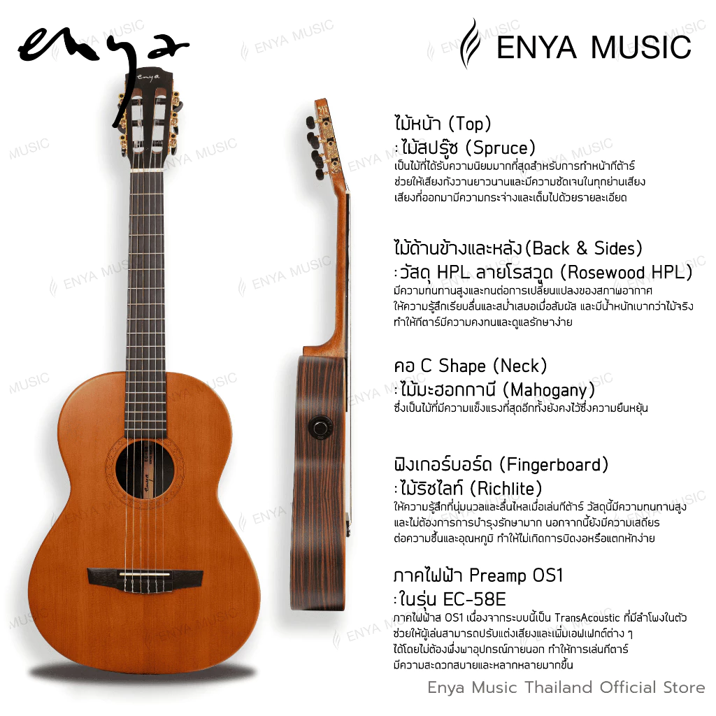 กีตาร์คลาสสิคไฟฟ้า Enya รุ่น EC-58E ระบบไฟฟ้าTransacoustic Double OS1 แบบมีลำโพงในตัว