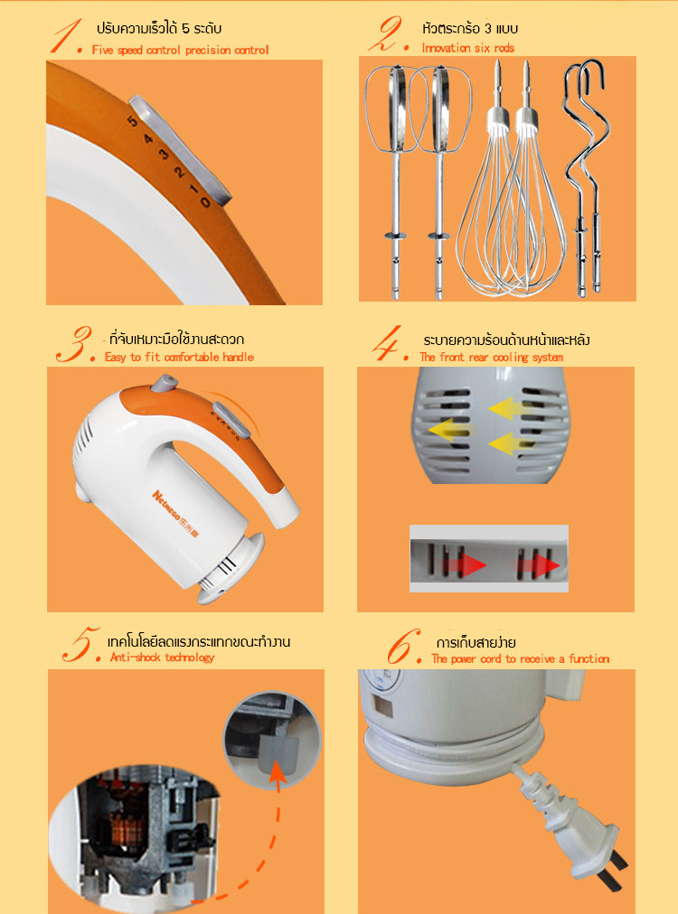 เครื่องผสมอาหาร แบบมือถือ N38D รุ่นมีฐานเสียบหัวตี (เครื่องตีไข่ ตีครีม นวดแป้ง) Netmego