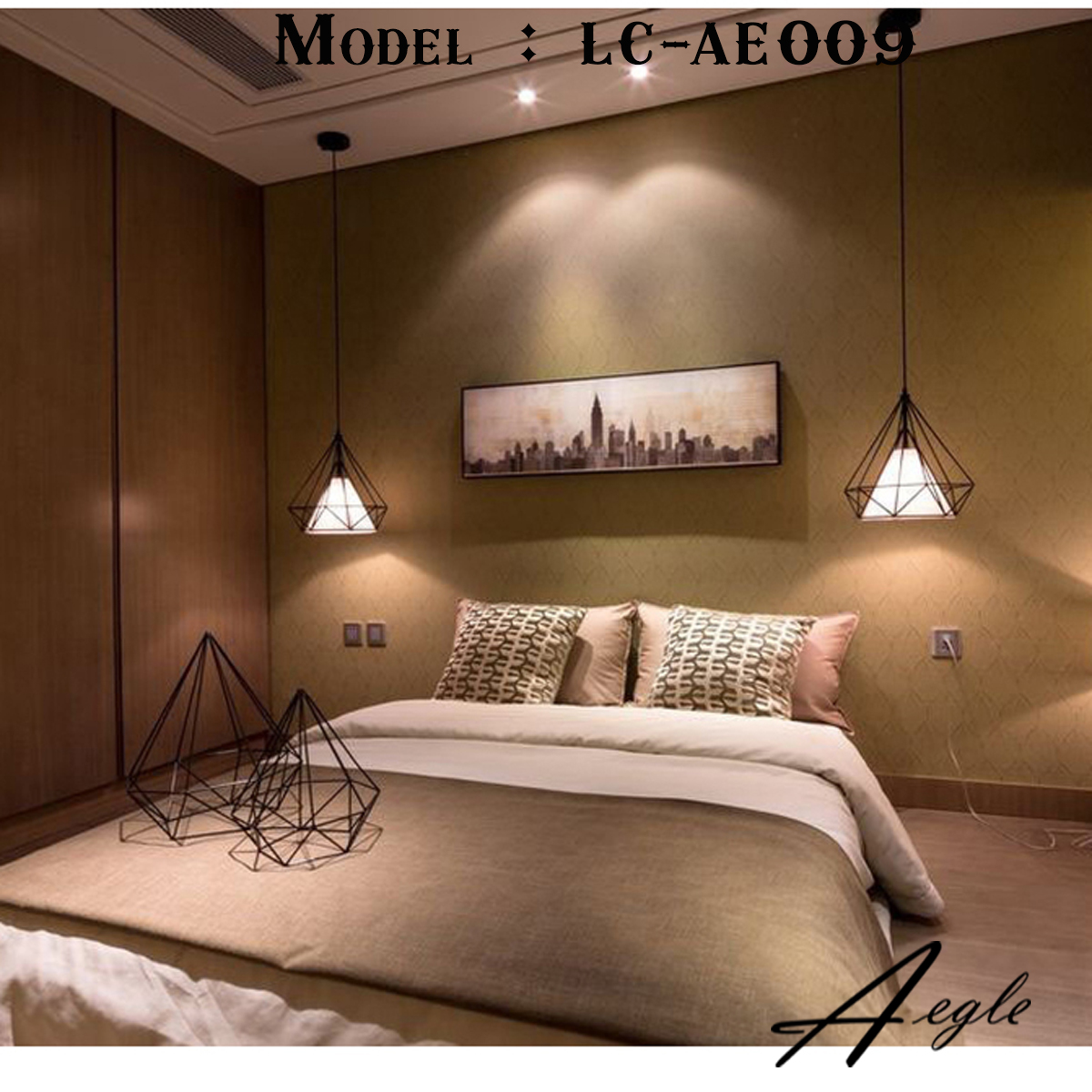 โคมไฟห้อยเพดานเหล็กดัด อเมริกัน โมเดิร์น ทรงเพชร สีดำ