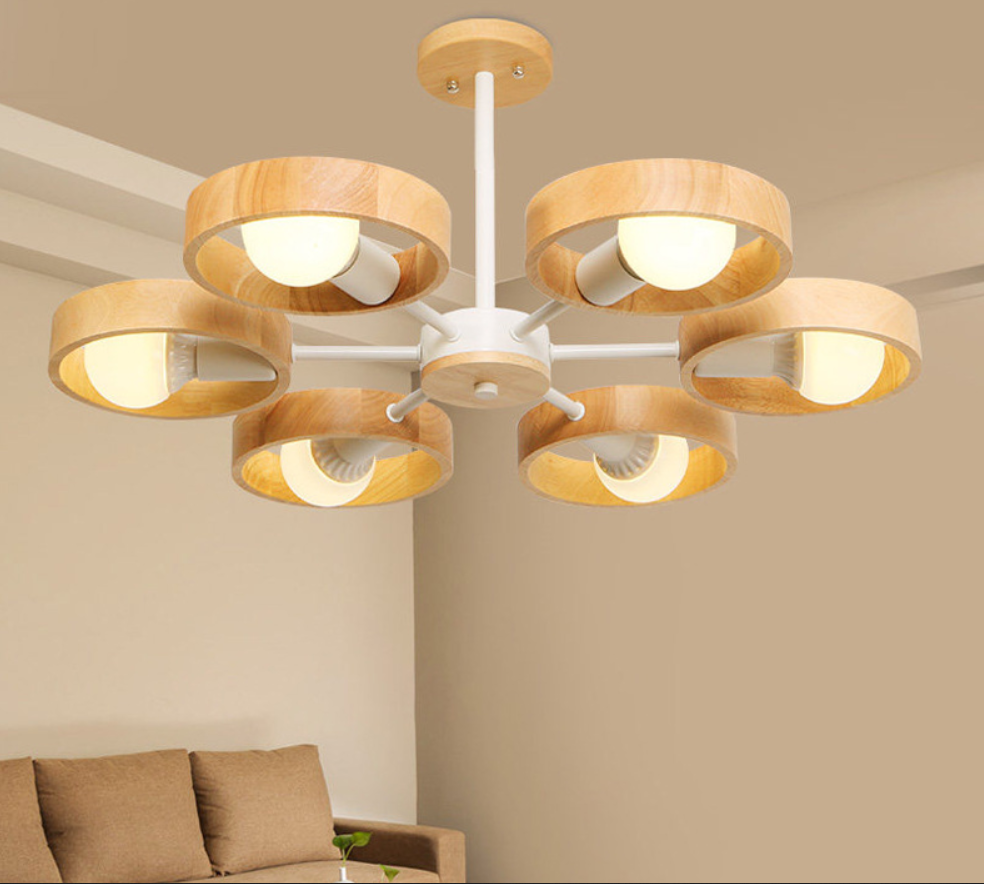 โคมไฟห้อยเพดาน Nordic ทรงพัดลมเพดานครอบไม้ 6 หัว