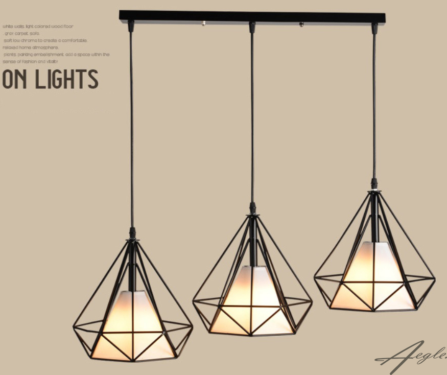 โคมไฟห้อยเพดานเหล็กดัด อเมริกัน โมเดิร์น ทรงเพชร สีดำ ฐานยาว 90 เซนติเมตร