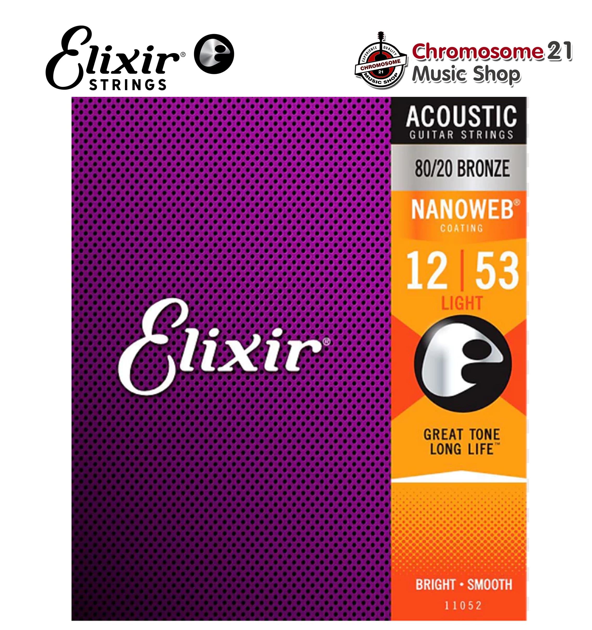 สายกีตาร์โปร่งเคลือบกันสนิม Elixir รุ่น Nanoweb 80/20 Bronze 012-053