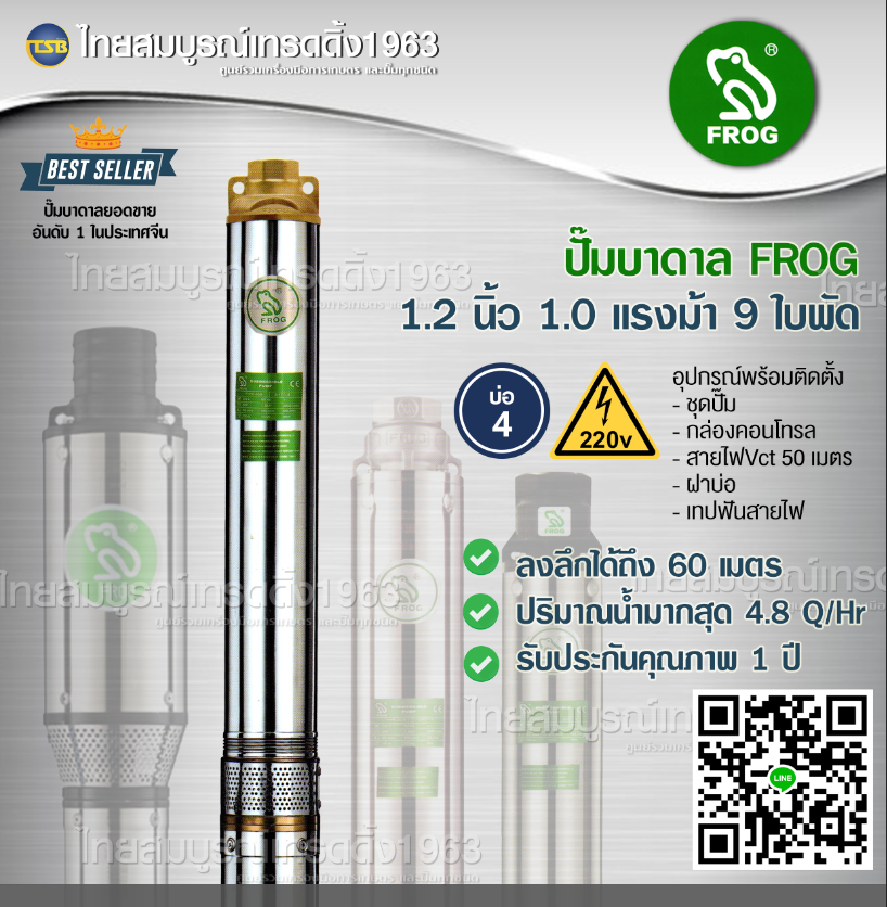 [FD] ปั๊มบาดาล FROG ลงลึก60เมตร น้ำมากสุด4.8คิว - 1.2นิ้ว 1.0แรงม้า 9ใบพัด 220v - รุ่น 4Dsm3/9