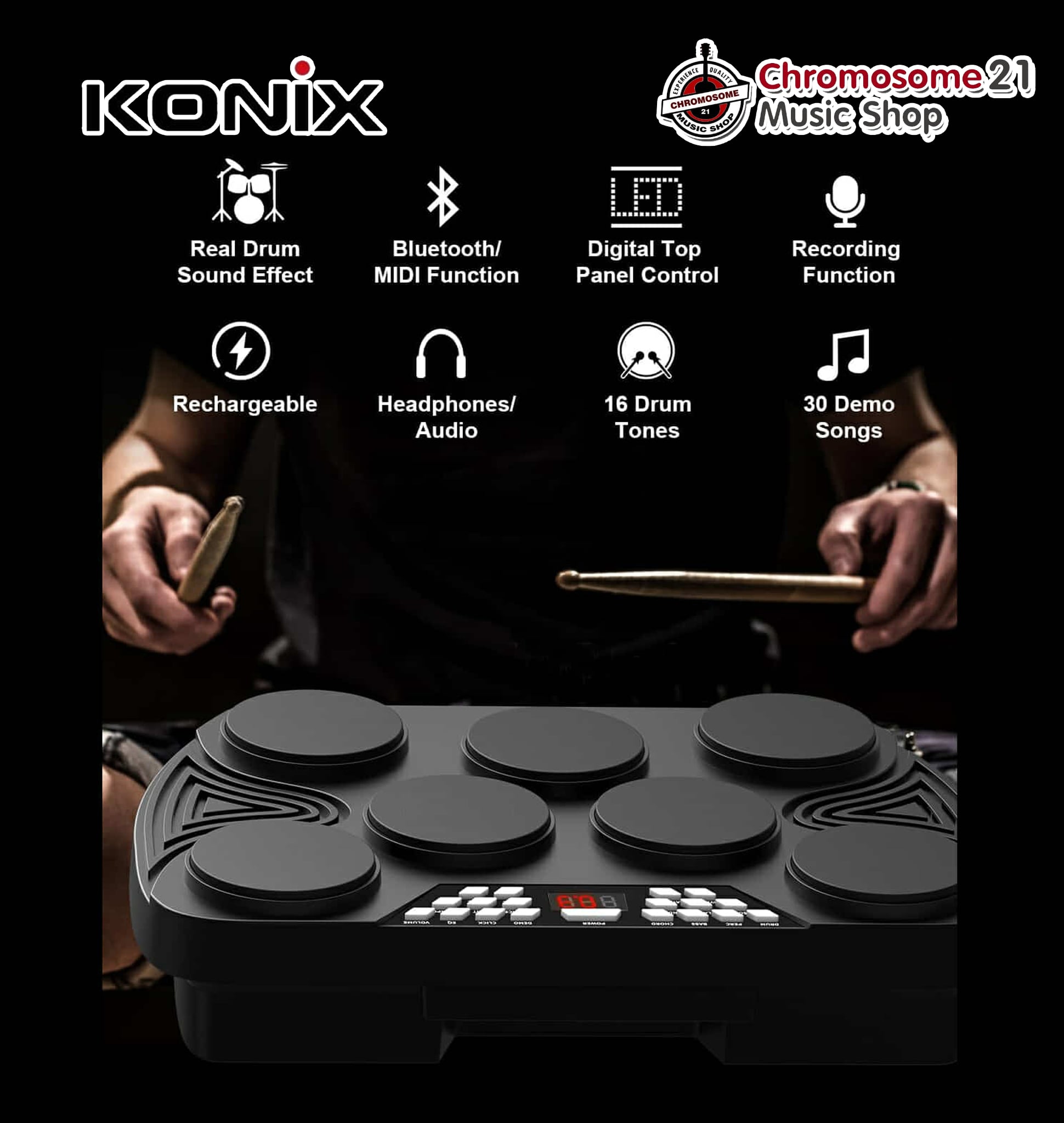 แพตกลองไฟฟ้า Konix ED-01 Electric Drum Pad 7 แป้น ลำโพง/แบตในตัว มีบลูทูธ ขาตั้ง + แถมฟรีไม้กลอง