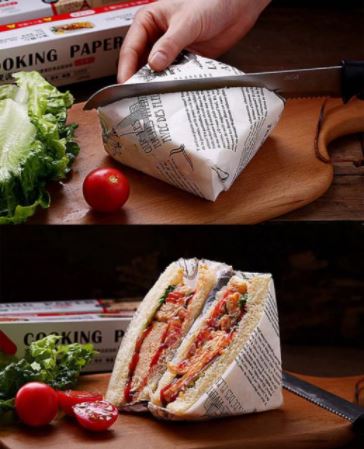 กระดาษไขรองอบลายหนังสือพิมพ์ สีขาว/สีน้ำตาล กระดาษห่อขนม ห่อแซนวิช ยาว 8 เมตร หน้ากว้าง 30 ซม