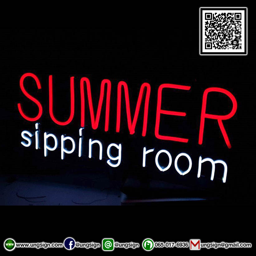 SUMMER Sipping room ป้ายนีออนเฟรคสีแดงสีขาว บนอะคลิลิคใส ตกแต่งร้าน