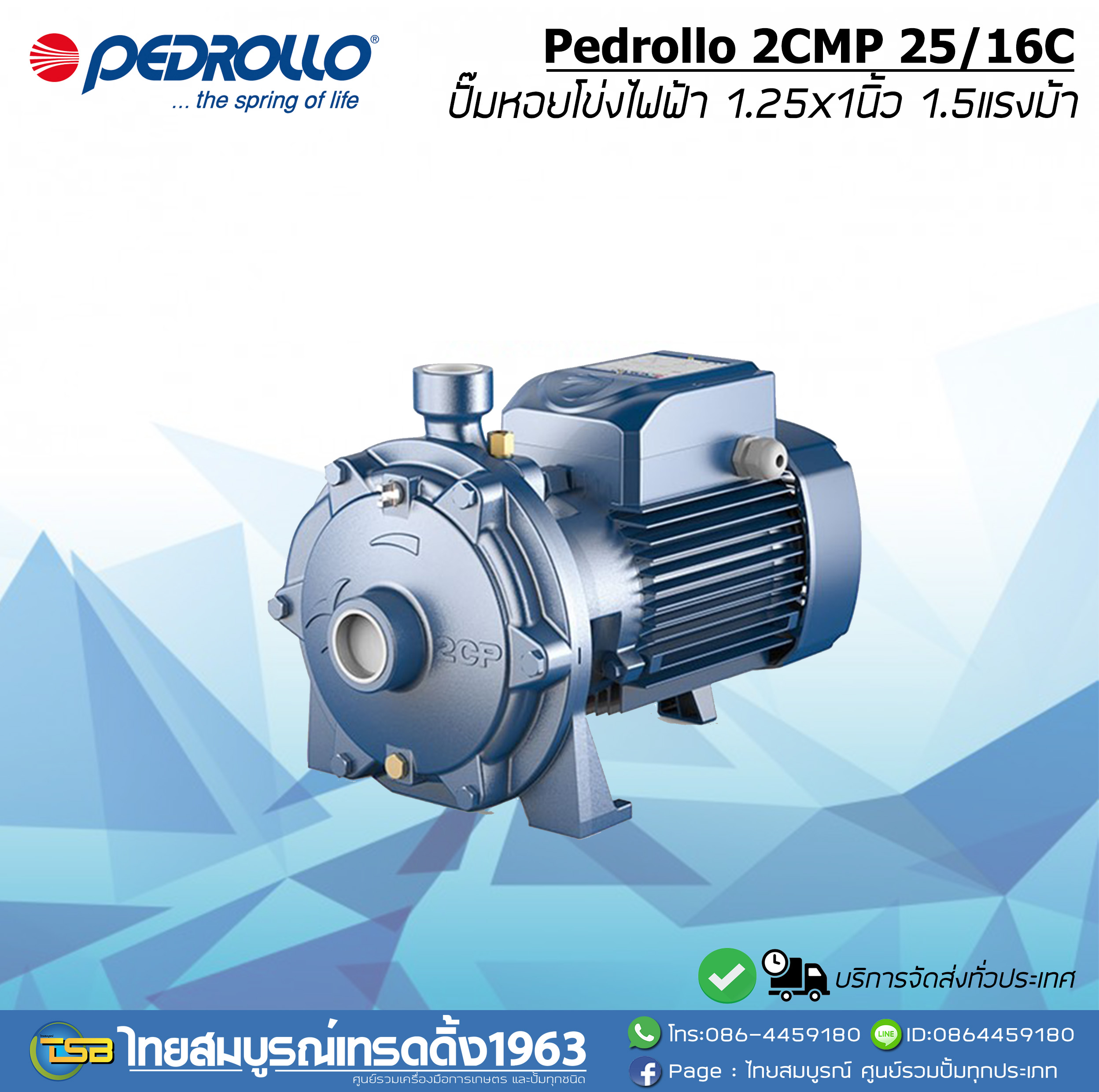ปั๊มหอยโข่งไฟฟ้า Pedrollo 2CPM 25/16C ขนาด1.25x1นิ้ว1.5แรงม้า 2ใบพัดเน้นส่งสูง
