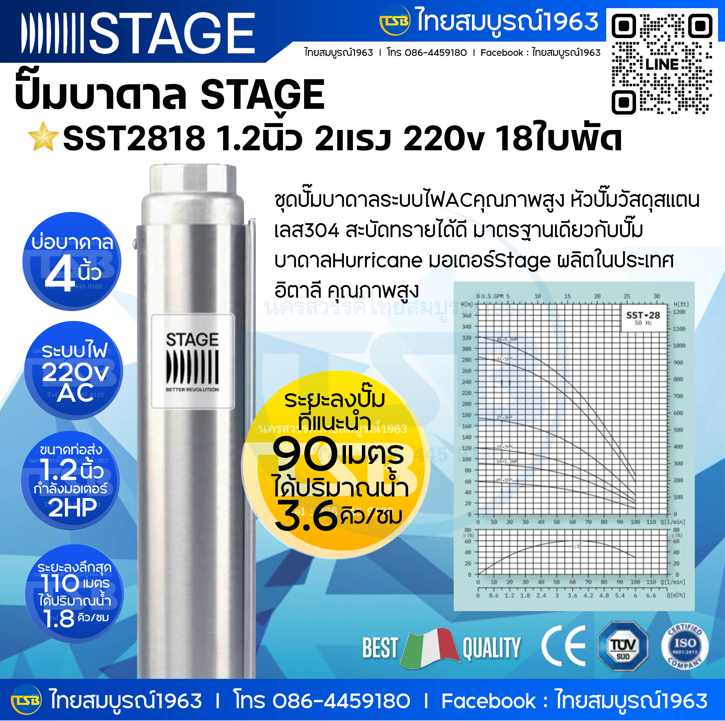 [SM-FD] ปั๊มบาดาล STAGE 1.2นิ้ว 2แรงม้า 20ใบพัด 220v - รุ่น SST2818 - ระยะลงลึก42-110เมตร ปริมาณน้ำ 1.8-3.6คิว/ชั่วโมง