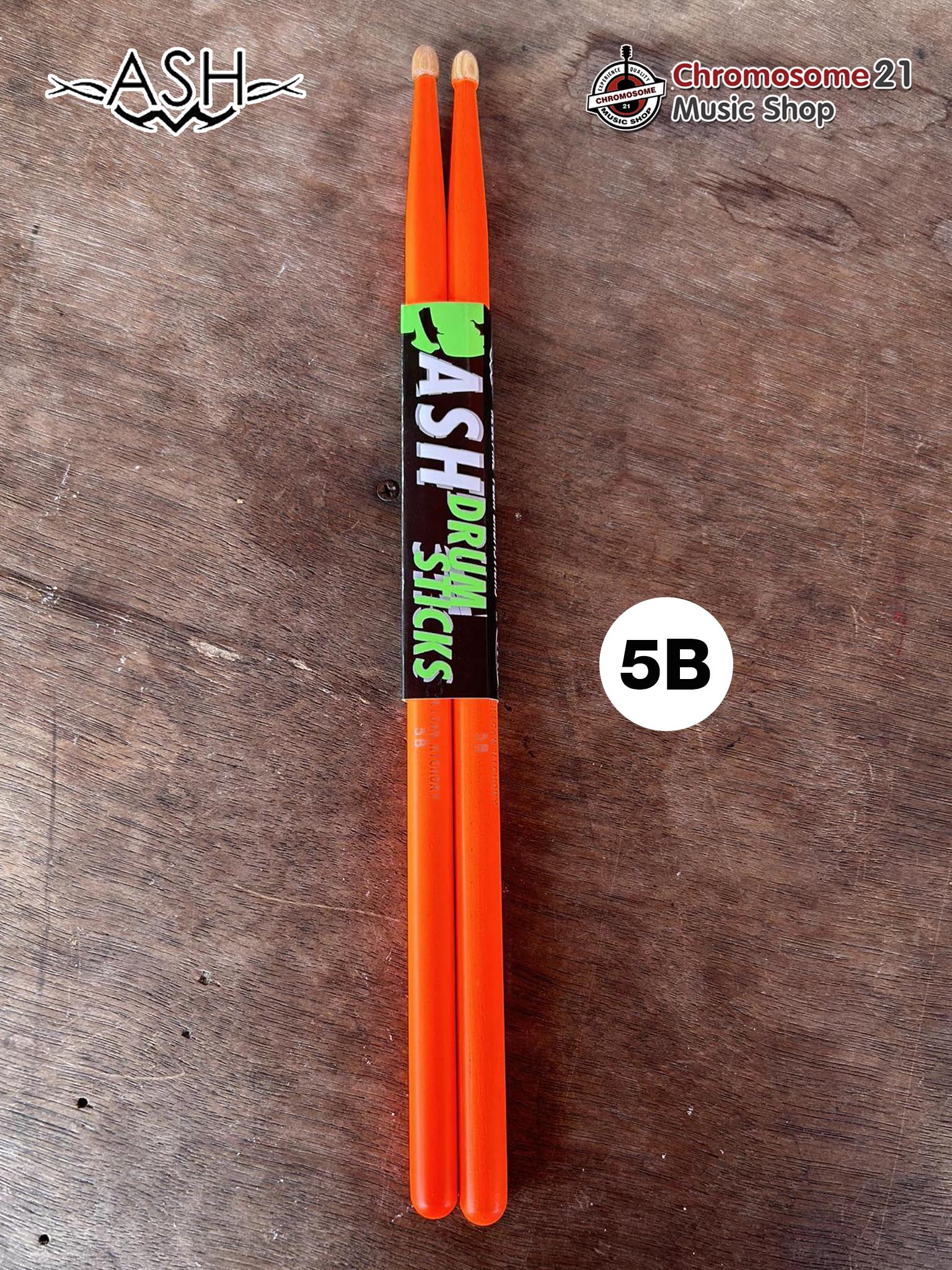 ไม้กลอง ASH ขนาด สี Neon ขนาด 5B สีส้มสะท้อนแสง ผลิตจากไม้ Amarican Hickory เกรด Premium น้ำหนักมาตราฐาน ไม่หักง่าย