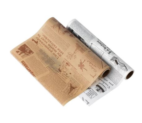 กระดาษไขรองอบลายหนังสือพิมพ์ สีขาว/สีน้ำตาล กระดาษห่อขนม ห่อแซนวิช ยาว 8 เมตร หน้ากว้าง 30 ซม