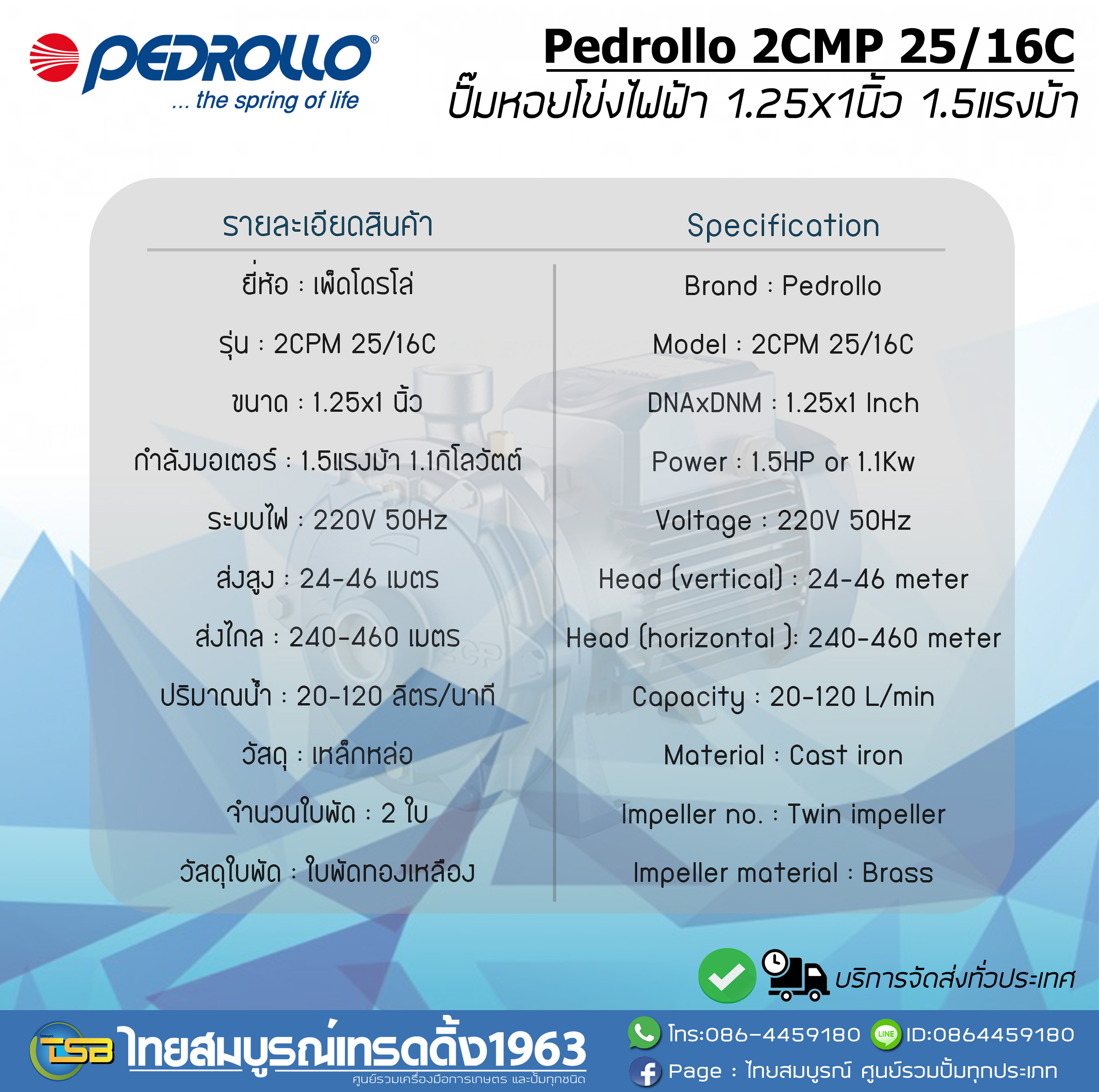 ปั๊มหอยโข่งไฟฟ้า Pedrollo 2CPM 25/16C ขนาด1.25x1นิ้ว1.5แรงม้า 2ใบพัดเน้นส่งสูง
