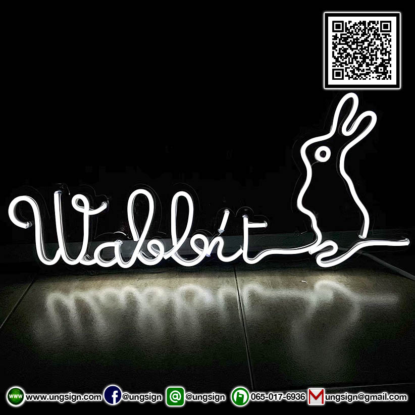 ป้ายไฟนีออนเฟรคตกแต่งร้านกาแฟ "Wabbit" สีขาวน่ารักโดนใจ เหมาะสำหรับเป็นป้ายตกแต่งร้านกาแฟ โดดเด่น เป็นเอกลักษณ์