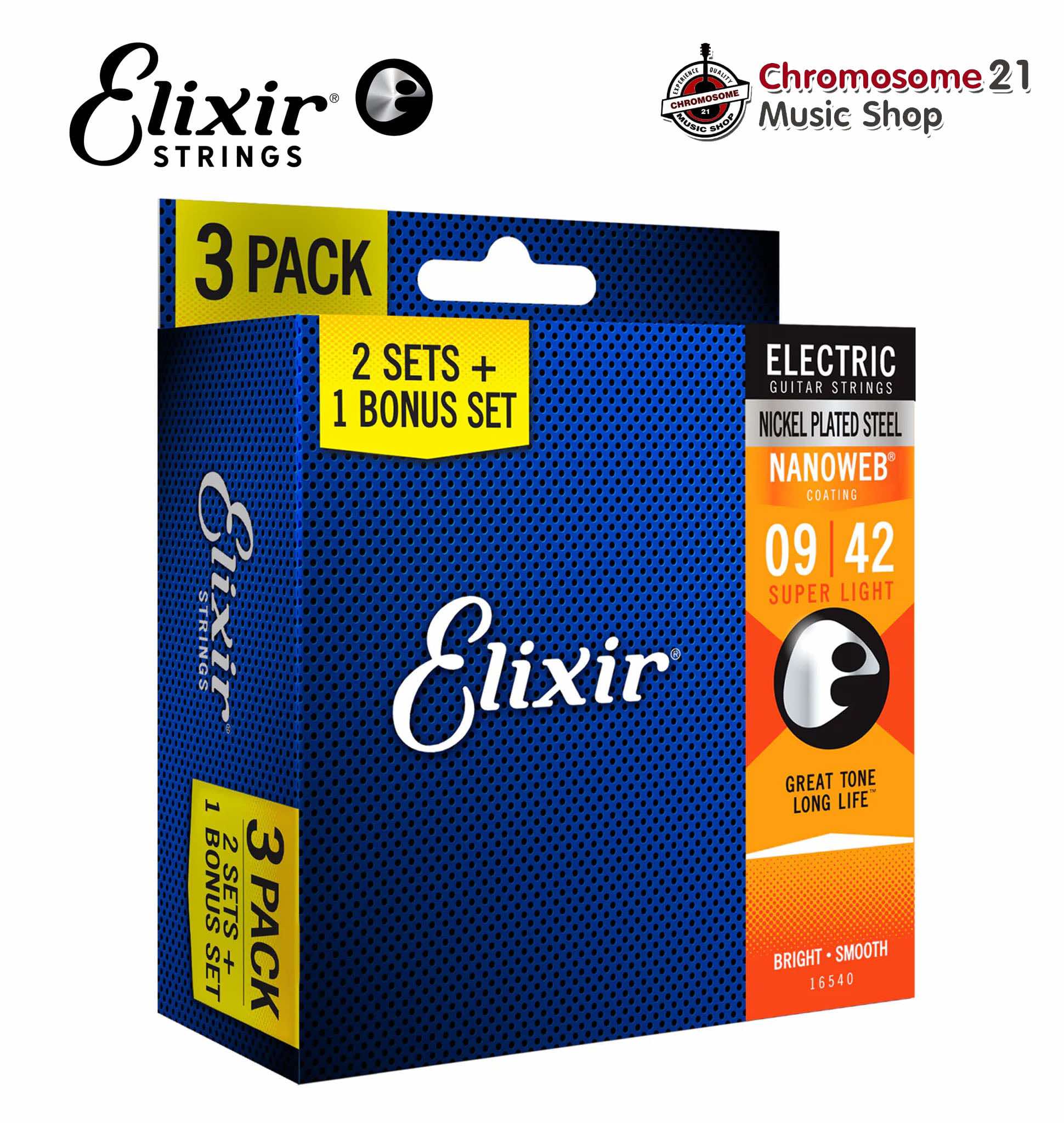 สายกีตาร์ไฟฟ้า แพ็ค3ชุด Elixir Strings Nickel Electric Guitar Strings with Nanoweb Coating, 3-Pack, Super Light (09-042) (สายเคลือบป้องกันสนิม)