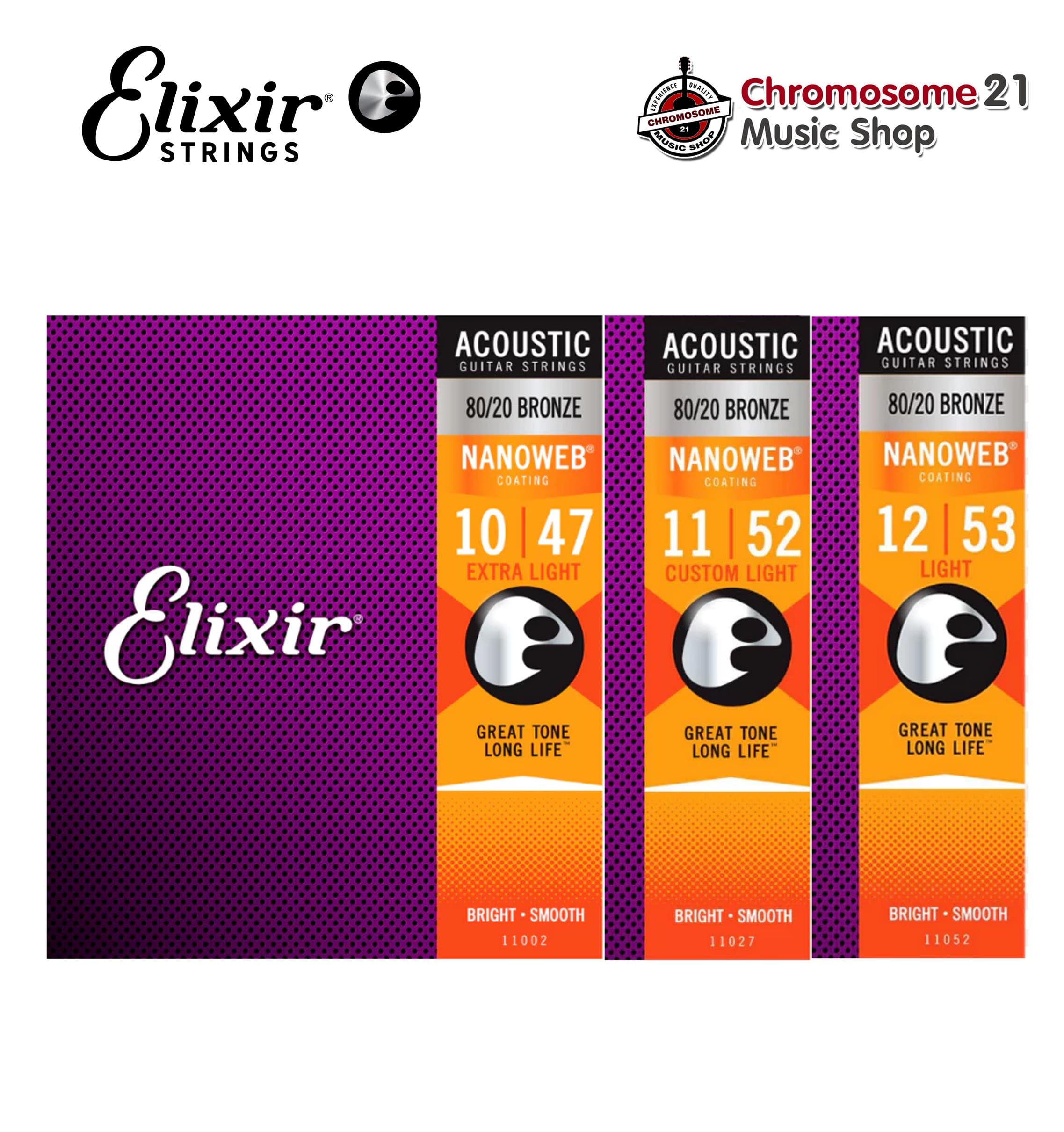 สายกีตาร์โปร่งเคลือบกันสนิม Elixir รุ่น Nanoweb 80/20 Bronze 011-052
