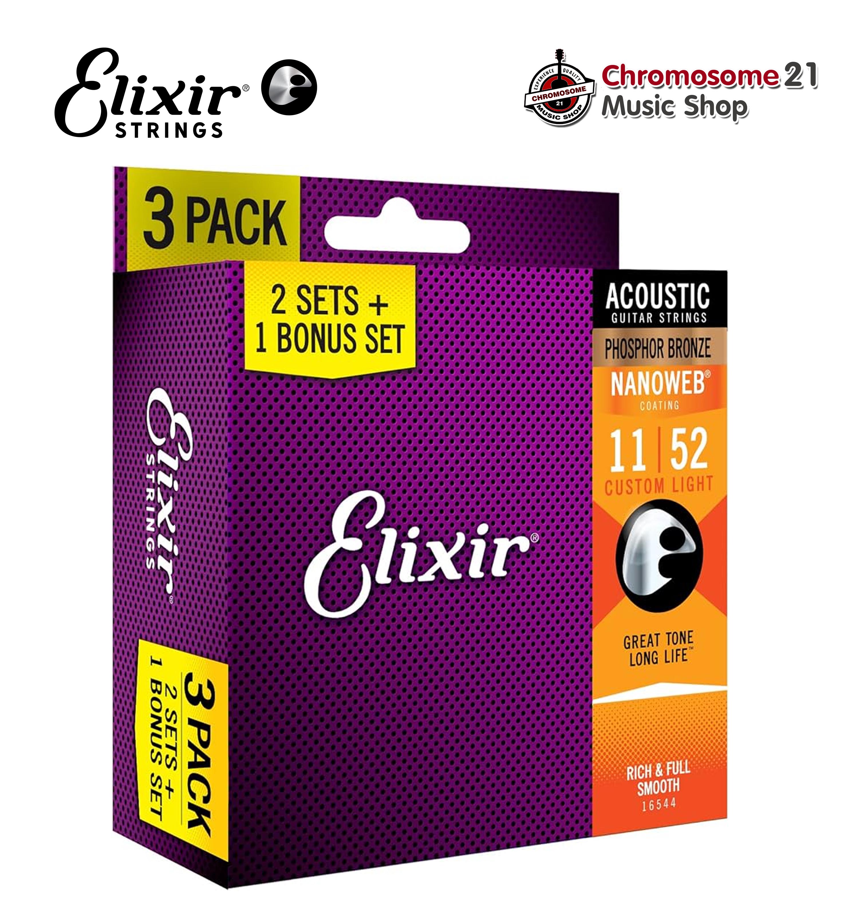 สายกีตาร์โปร่ง แพ็ค3ชุด Elixir Strings Acoustic Guitar Strings Phosphor Bronze with Nanoweb Coating, 3-Pack, Custom Light (011-052)