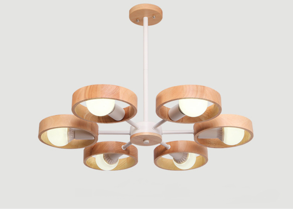 โคมไฟห้อยเพดาน Nordic ทรงพัดลมเพดานครอบไม้ 6 หัว