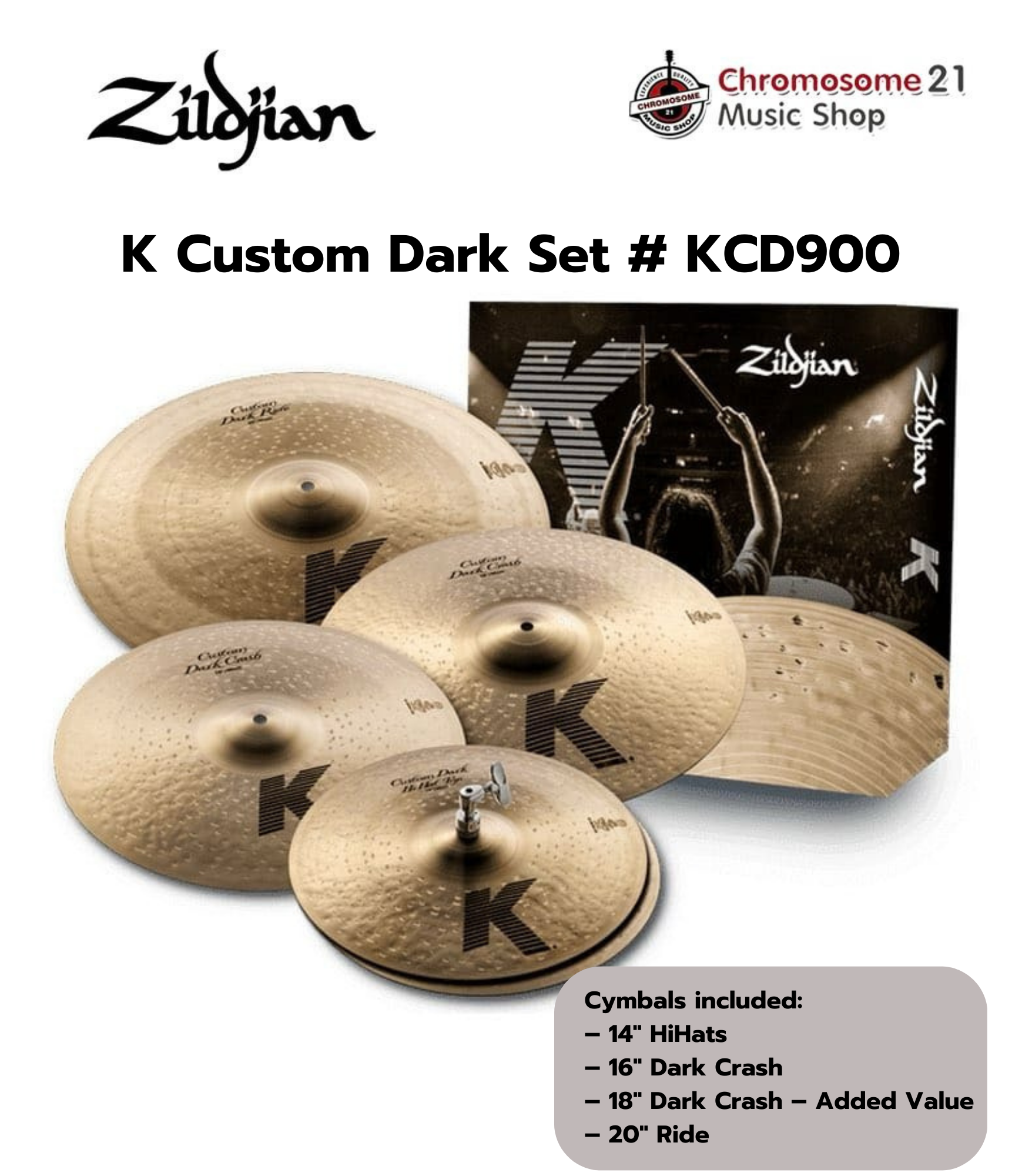 ฉาบชุด Zildjian K Custom Dark Set – 14″ HiHats – 16″ Dark Crash – 18″ Dark Crash – Added Value – 20″ Ride
