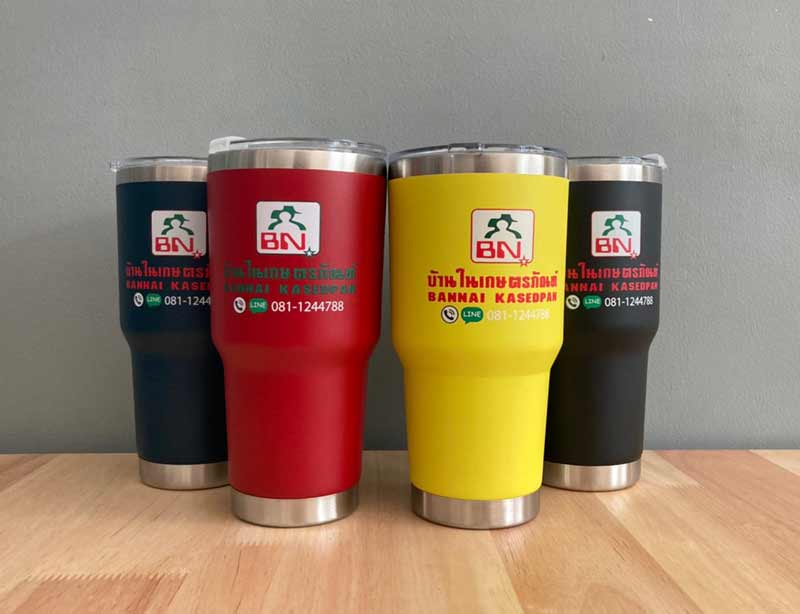 แก้ว YETI พิมพ์โลโก้ 1 ตำแหน่ง พร้อมเบอร์ติดต่อ บนแก้ว YETI