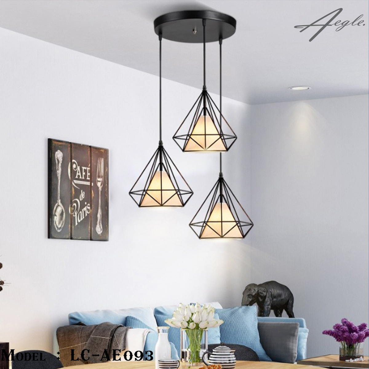 โคมไฟห้อยเพดานเหล็กดัด อเมริกัน โมเดิร์น ทรงเพชร สีดำ ชุด 3 โคม ฐานกลม 30 เซนติเมตร