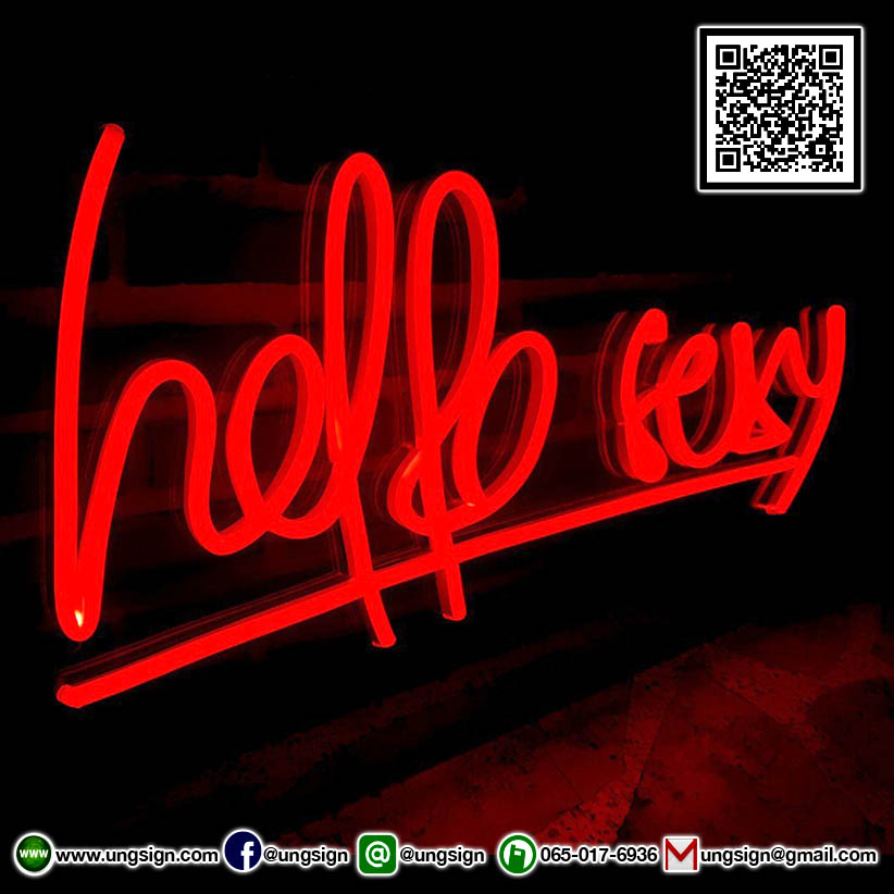 hello sexy ป้ายนีออนเฟรคไฟสีแดง ติดลงอะคลิลิคใส รับผลิตตามรูปแบบที่ต้องการ