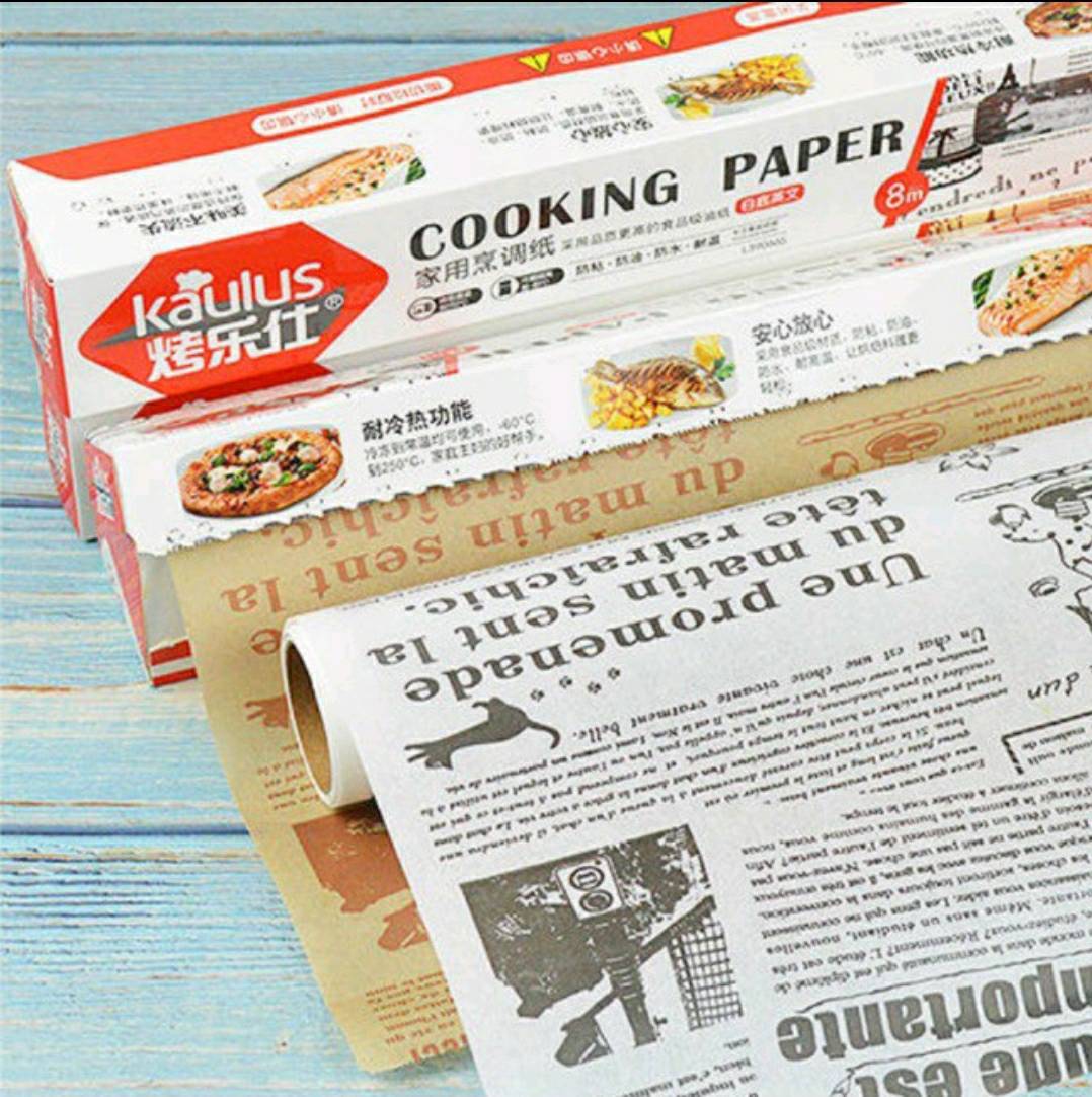 กระดาษไขรองอบลายหนังสือพิมพ์ สีขาว/สีน้ำตาล กระดาษห่อขนม ห่อแซนวิช ยาว 8 เมตร หน้ากว้าง 30 ซม