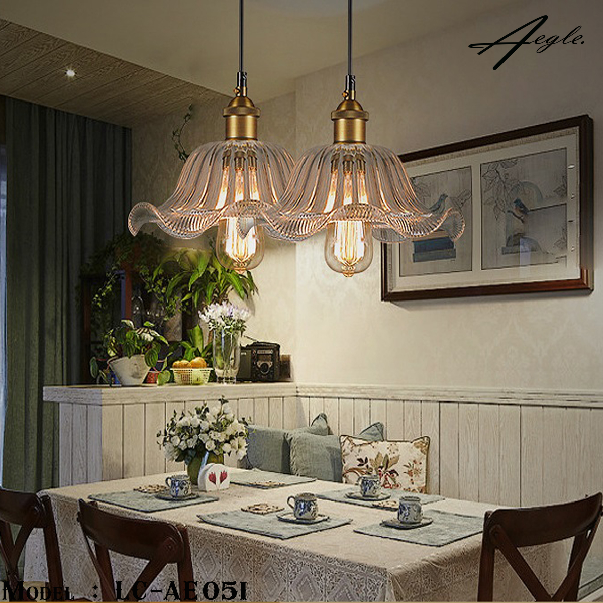 โคมไฟเพดานโต๊ะอาหารย้อนยุค ปากลอนแก้วใส