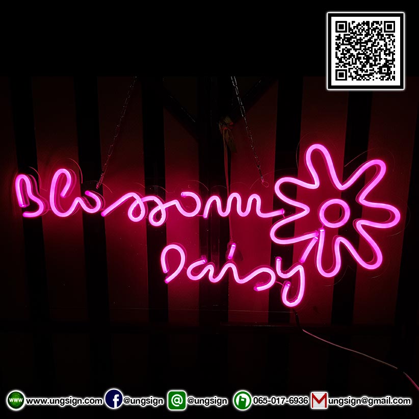 ป้ายไฟ นีออนเฟรค NeonFlex "Blossom Daisy" ไฟสีชมพู ติดลงบนอะคริลิคใส รับผลิตตามรูปแบบที่ต้องการ