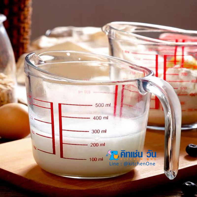 แก้วตวง 250 ml / 500 ml มีสเกลสีแดง แก้วตวงเนื้อหนาพิเศษ มีหูจับ และปากเทกันหก