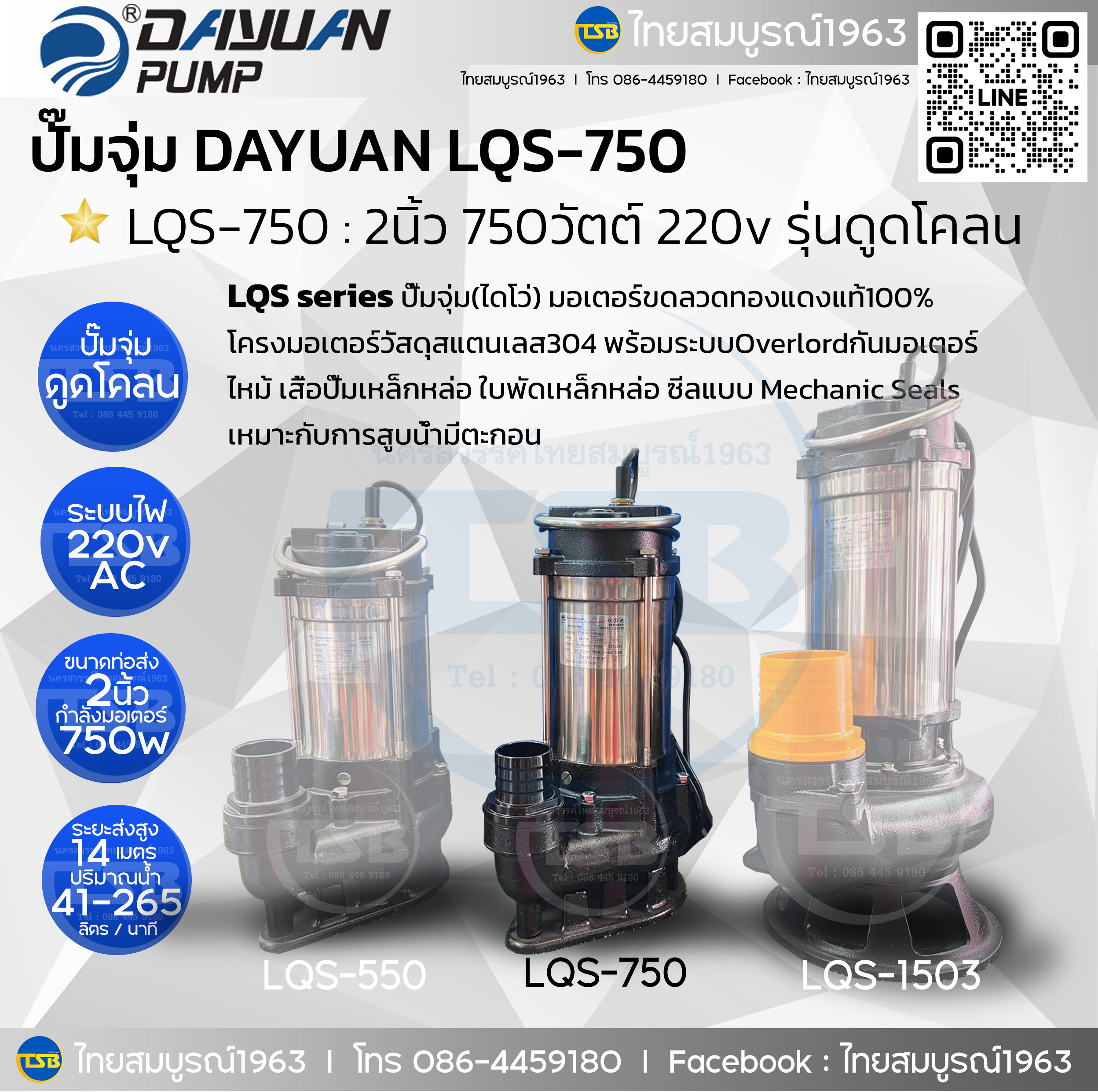 [SP-FD] Dayuan - LQS-750 : ปั๊มไดโว่ชนิดดูดน้ำมีตะกอน(ดูดโคลน) 2นิ้ว 750วัตต์ 220v [พร้อมบัตรรับประสินค้า1ปีตามเงื่อนไข]