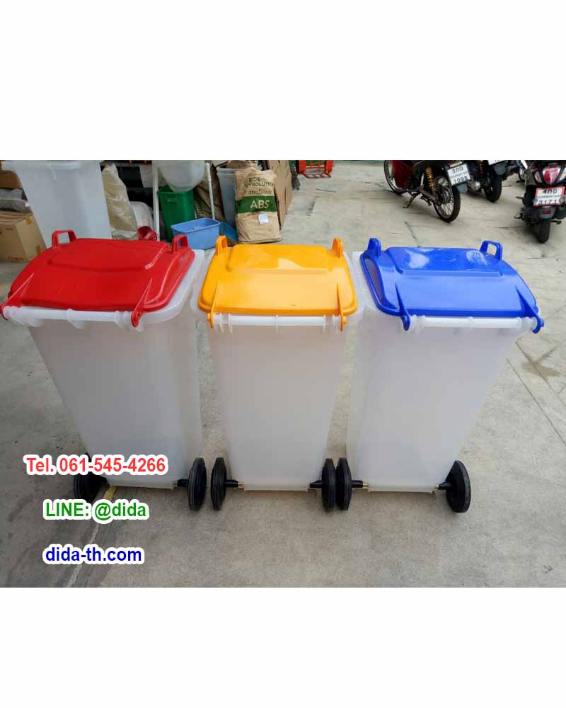 ถังขยะทรงเหลี่ยม สีใส ฝาเรียบ (ฝาสี) พร้อมล้อเข็น 120 ลิตร