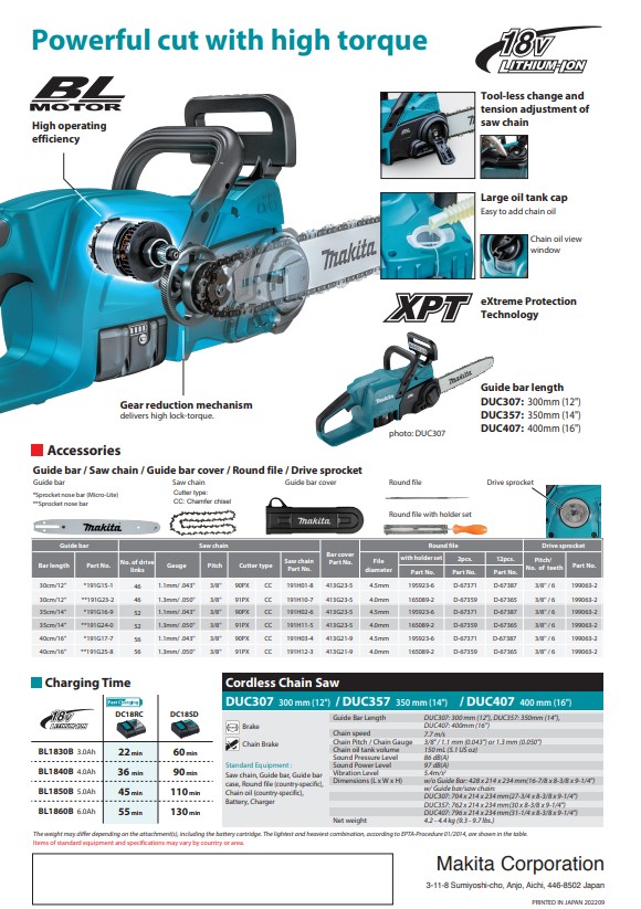 [CLT-FS] เลื่อยโซ่แบตเตอรี่ไร้สาย Makita รุ่น DUC307RTX รวมแท่นชาร์จและแบตเตอรี่ขนาด18v5ahพร้อมใช้งาน
