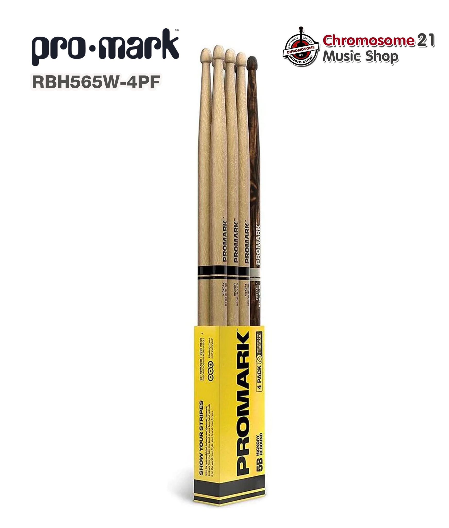 ไม้กลอง PROMARK 5A (แพ็ค 4 คู่). REBOUND 5A HICKORY & FIREGRAIN DRUMSTICK, ACORN WOOD TIP.-PM-RBH565AW-4PFG