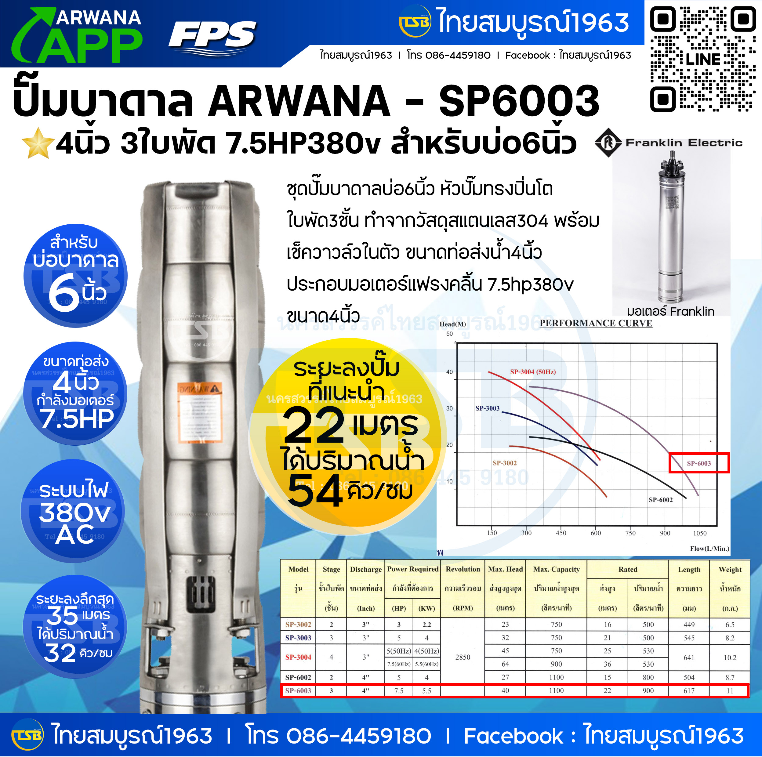 [SM-FD] ปั๊มบาดาล ARWANA / Franklin หัวปั๊มArwanaท่อส่ง4นิ้ว3ใบพัด มอเตอร์Franklin 7.5HP380v สำหรับบ่อ6นิ้ว - รุ่น SP6003MT - ระยะลงลึก15-35เมตร ปริมาณน้ำ 30-60คิว/ชั่วโมง