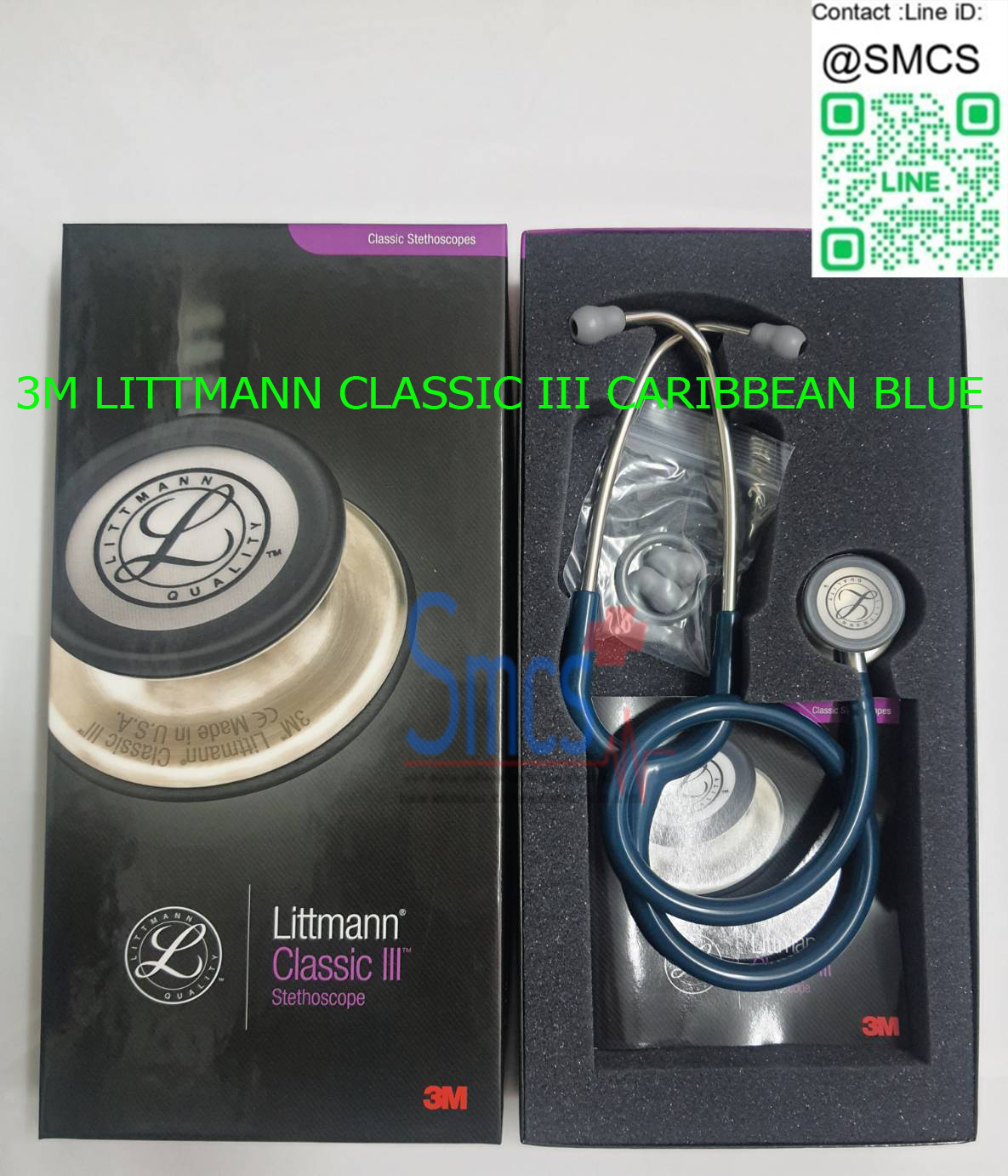หูฟังแพทย์ ยี่ห้อ 3M Littmann Classic III Caribbean Blue 5623 ก้านสีเงิน (Stethoscope)