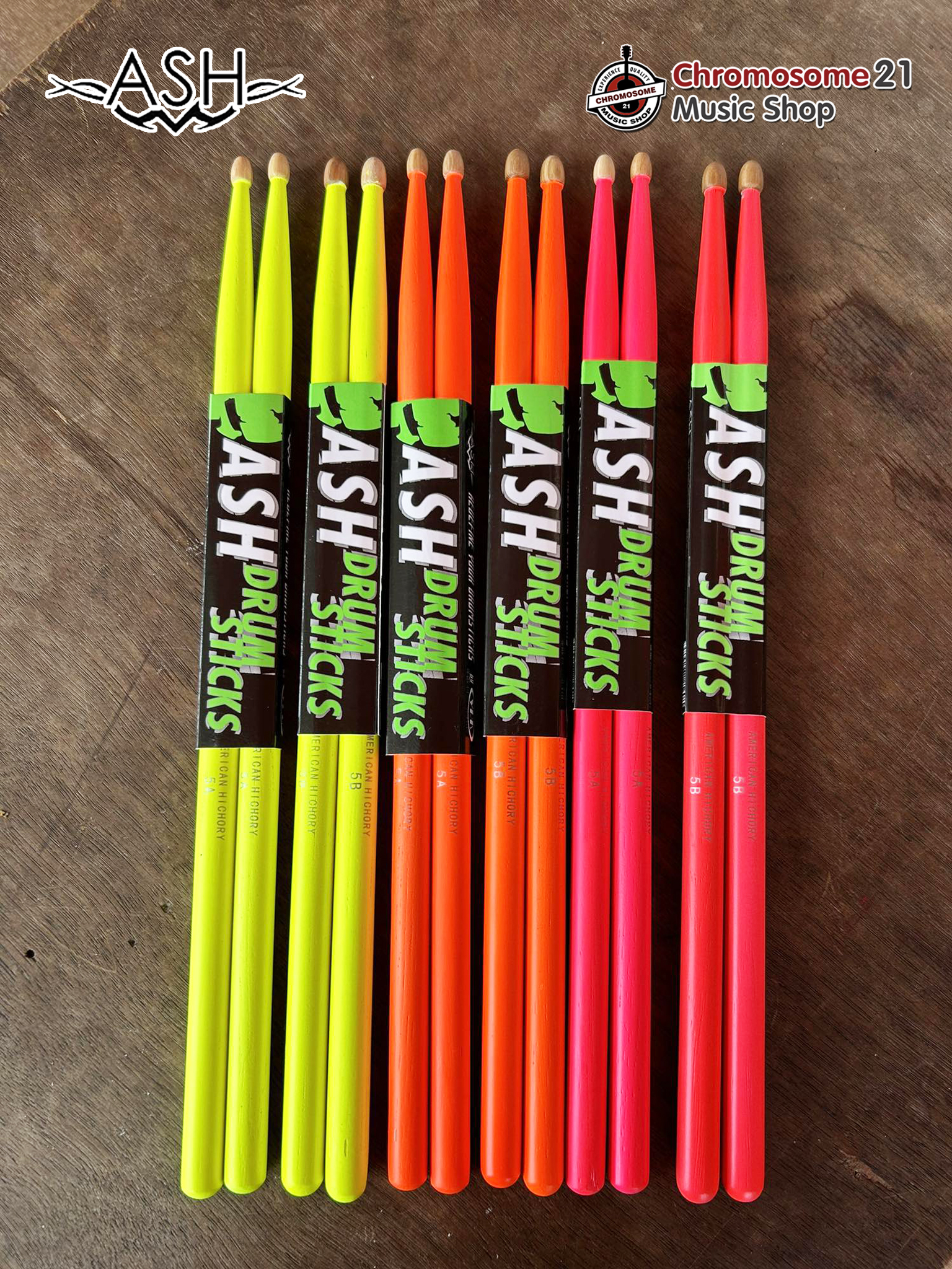 ไม้กลอง ASH ขนาด สี Neon ขนาด 5Aสีเหลืองสะท้อนแสง ผลิตจากไม้ Amarican Hickory เกรด Premium น้ำหนักมาตราฐาน ไม่หักง่าย