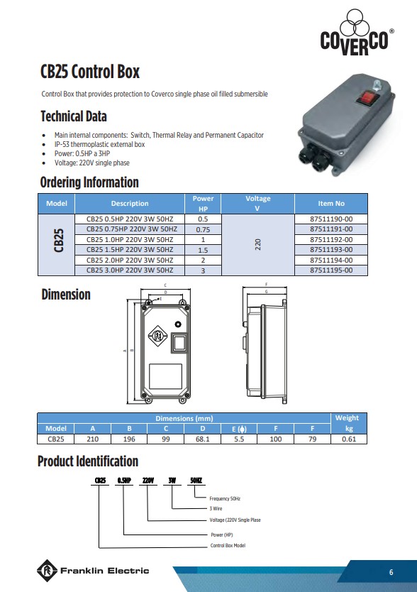 [SM-FD] ปั๊มบาดาล Franklin(Coverco) - ท่อส่ง2นิ้ว 2แรงม้า 14ใบพัด ระบบไฟ1เฟส220v - รุ่น 4ADE6-14-20 สำหรับบาดาลขนาดบ่อ4นิ้วขึ้นไป