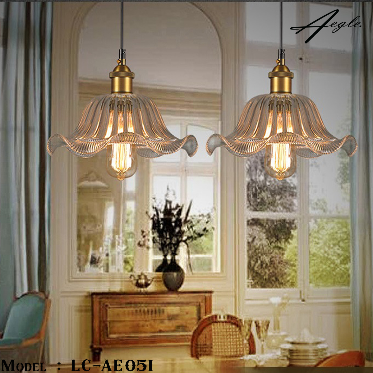 โคมไฟเพดานโต๊ะอาหารย้อนยุค ปากลอนแก้วใส