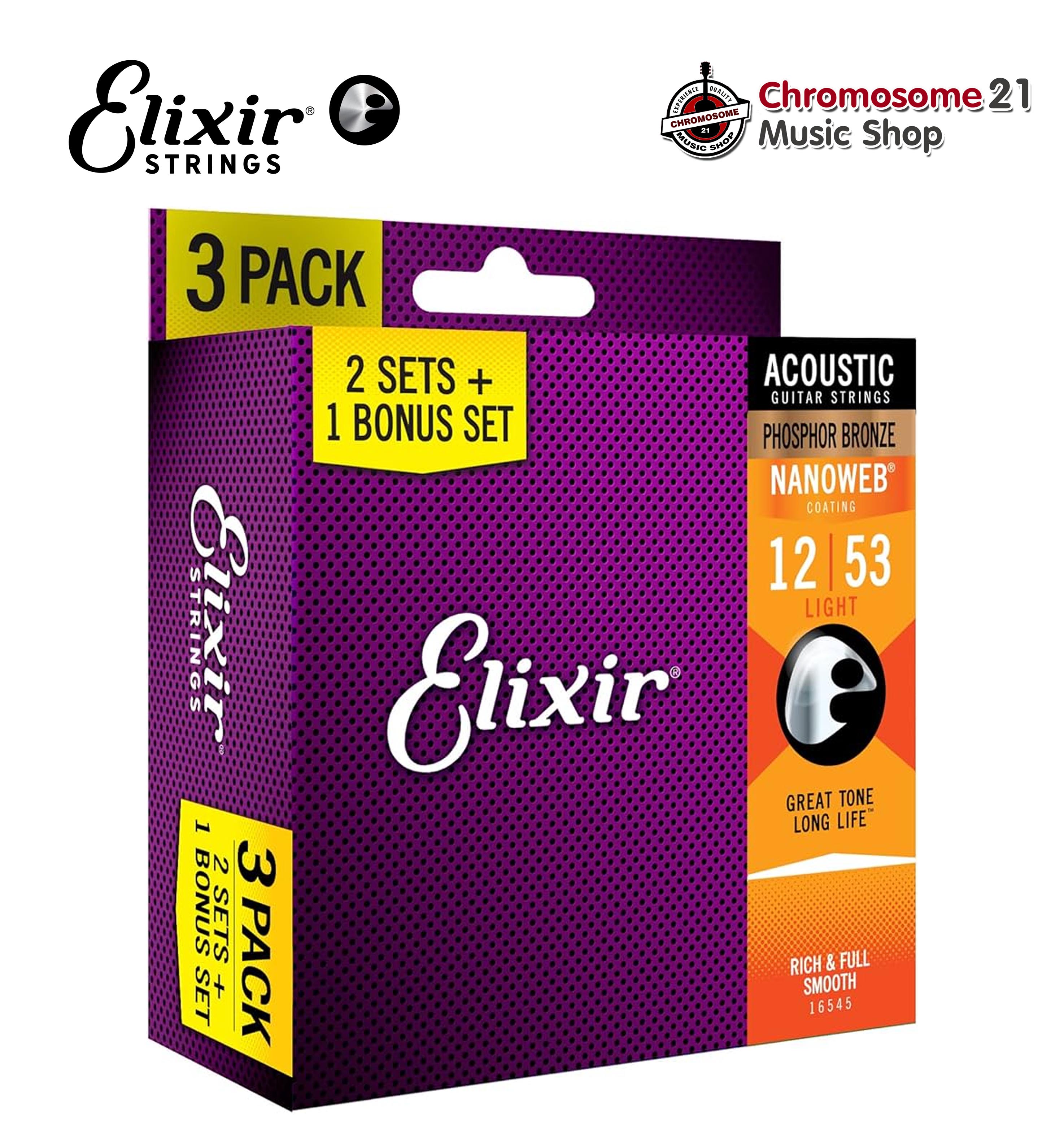 สายกีตาร์โปร่ง แพ็ค3ชุด Elixir Strings Acoustic Guitar Strings Phosphor Bronze with Nanoweb Coating, 3-Pack, Light (012-053)