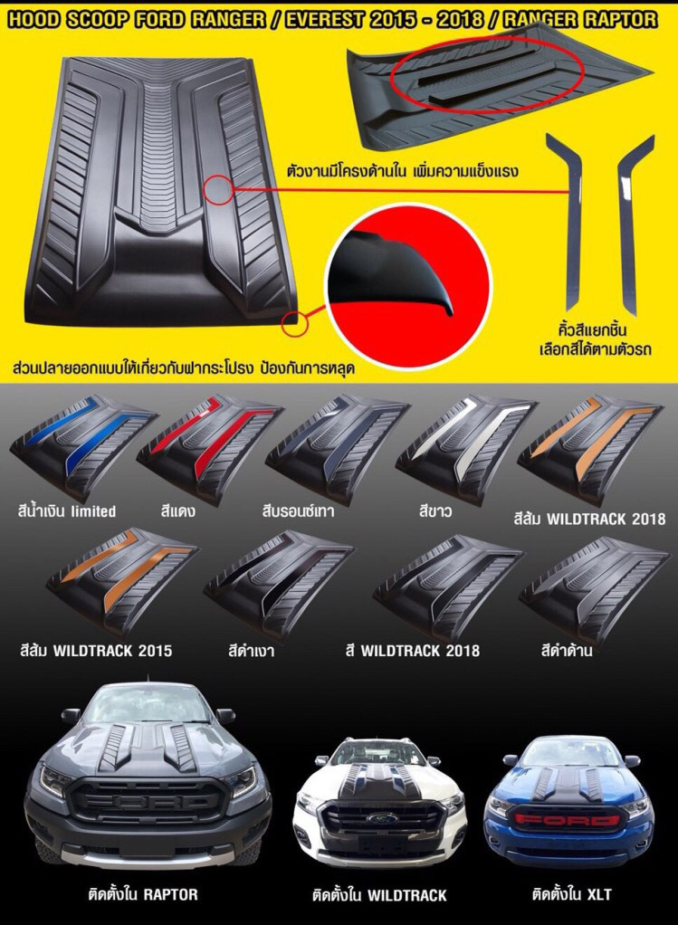 COF-013 Scoopแต่งติดหน้าฝากระโปรงรถ(ใช้ได้กับ FORD RANGER/EVEREST 2015-2020) ระบุสีได้ตามรูป ราคา/ชิ้น