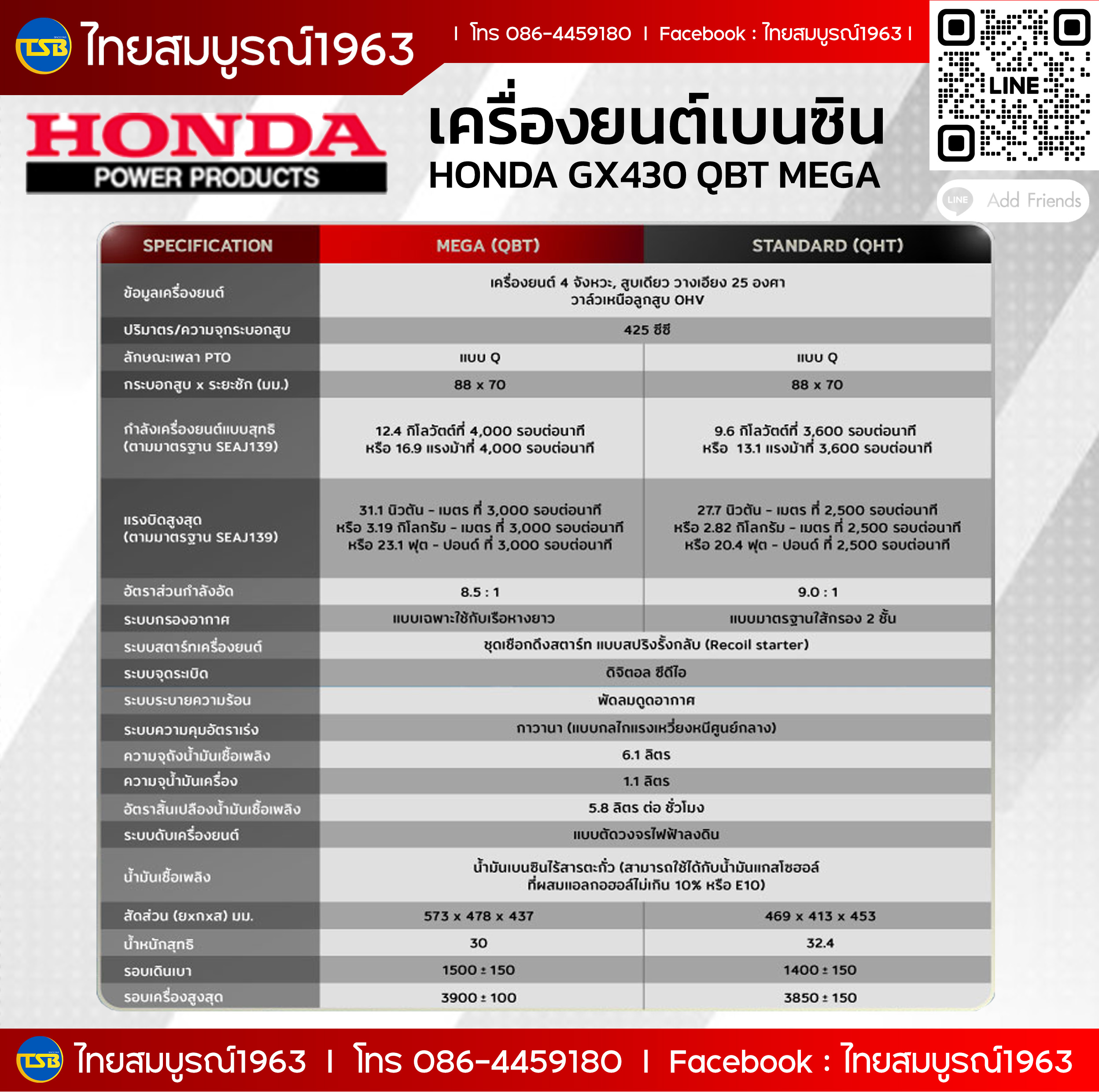 [GE-FD] เครื่องยนต์เบนซิน Honda GX430 Mega รุ่นติดหางเรือ 16.9แรงม้า *รุ่นใหม่2025*