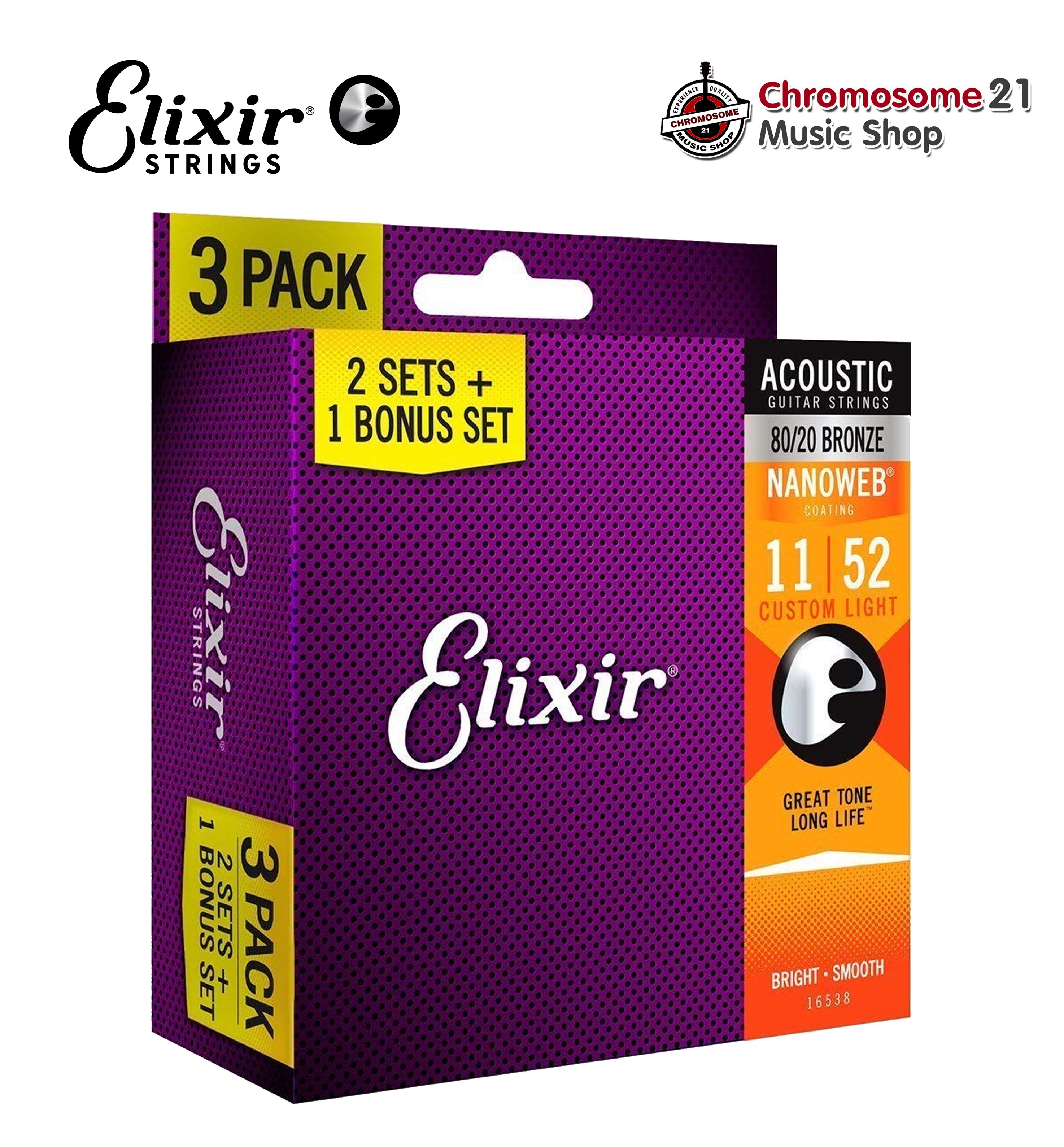 สายกีตาร์โปร่ง แพ็ค3ชุด Elixir Strings Acoustic Guitar Strings 80/20 Bronze with Nanoweb Coating, 3-Pack, Custom Light (011-052)