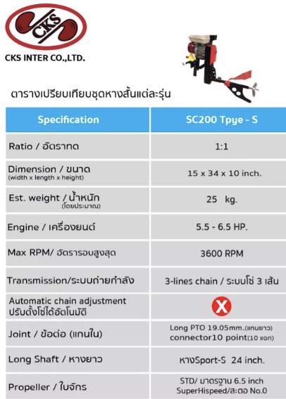 [FD-TB] ชุดหางเรือสั้น โซ่3เส้น CKS รุ่น Type-S 200 สำหรับเครื่องยนต์ 5-7 แรงม้า
