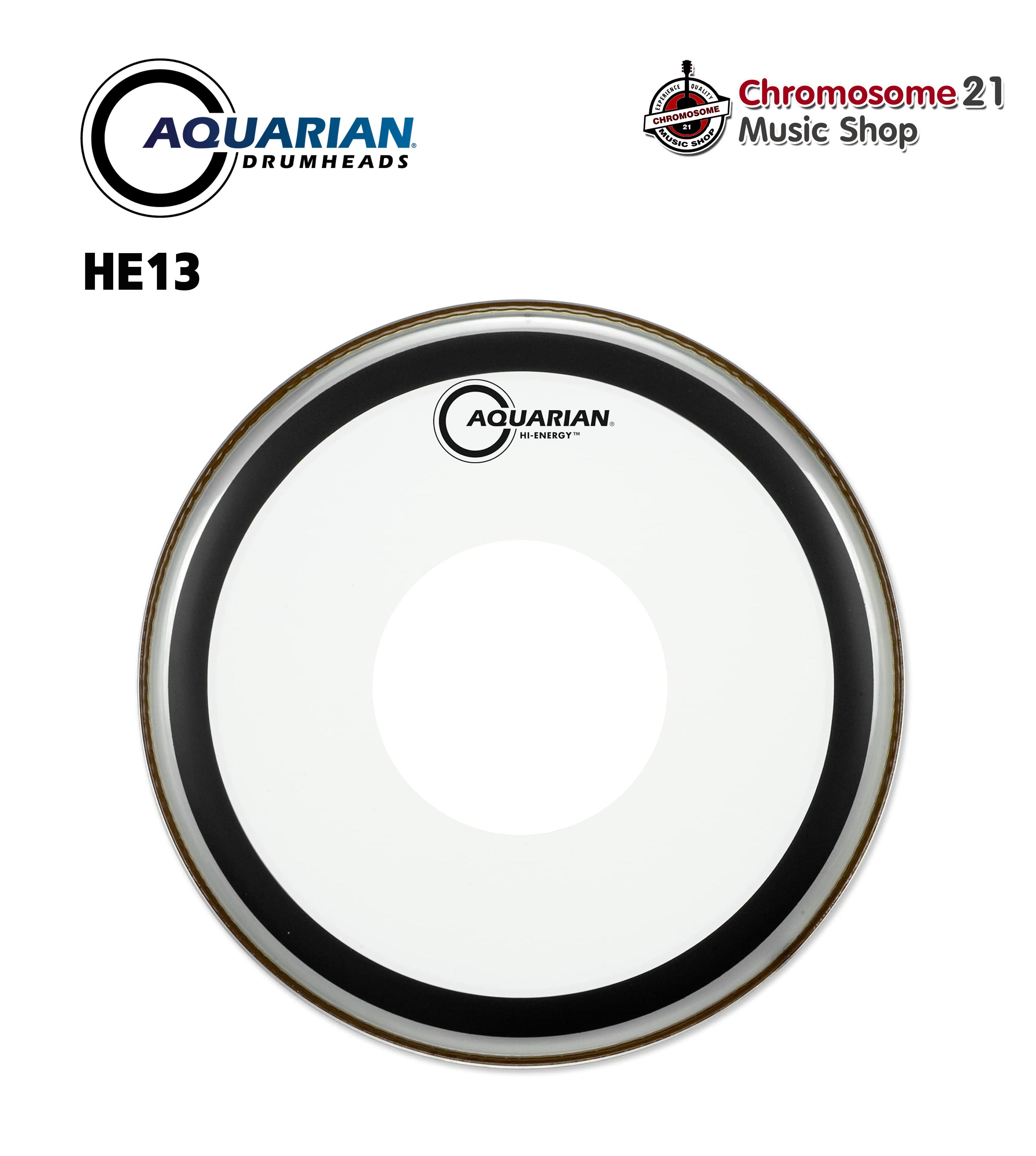 หนังกลองสแนร์ Aquarian รุ่น Hi-Energy HE13 ขนาด13นิ้ว.หนังใสชั้นเดียว มาพร้อมเป้าใหญ่แบบบางเฉียบ เสริมด้วยเป้า Power Dot ตรงกลางอีกชั้น
