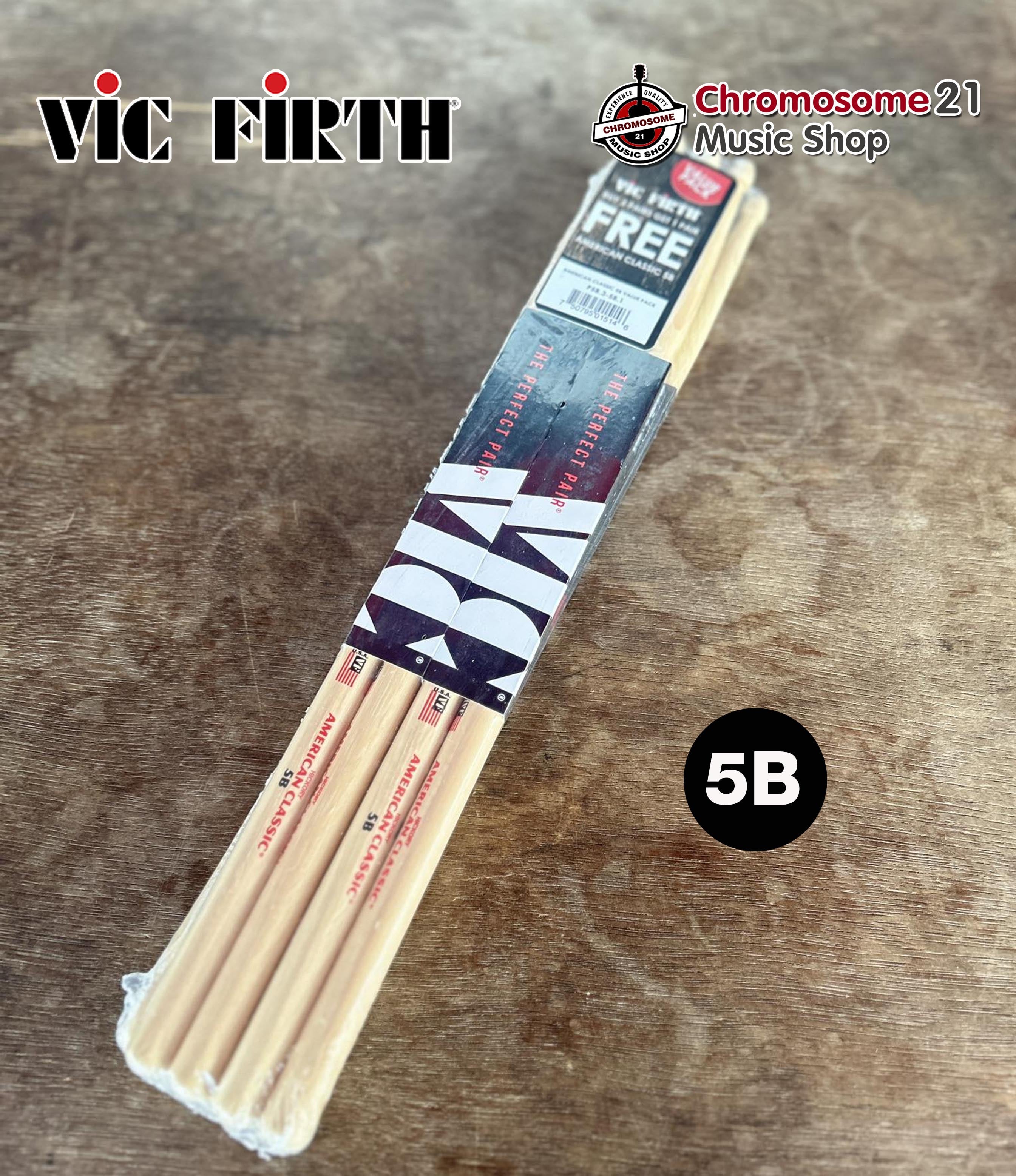 ไม้กลอง แพ็ค 3คู่ แถม1 คู่Vic Firth รุ่น P5B.3-5B.1American Classic ขนาด 5B