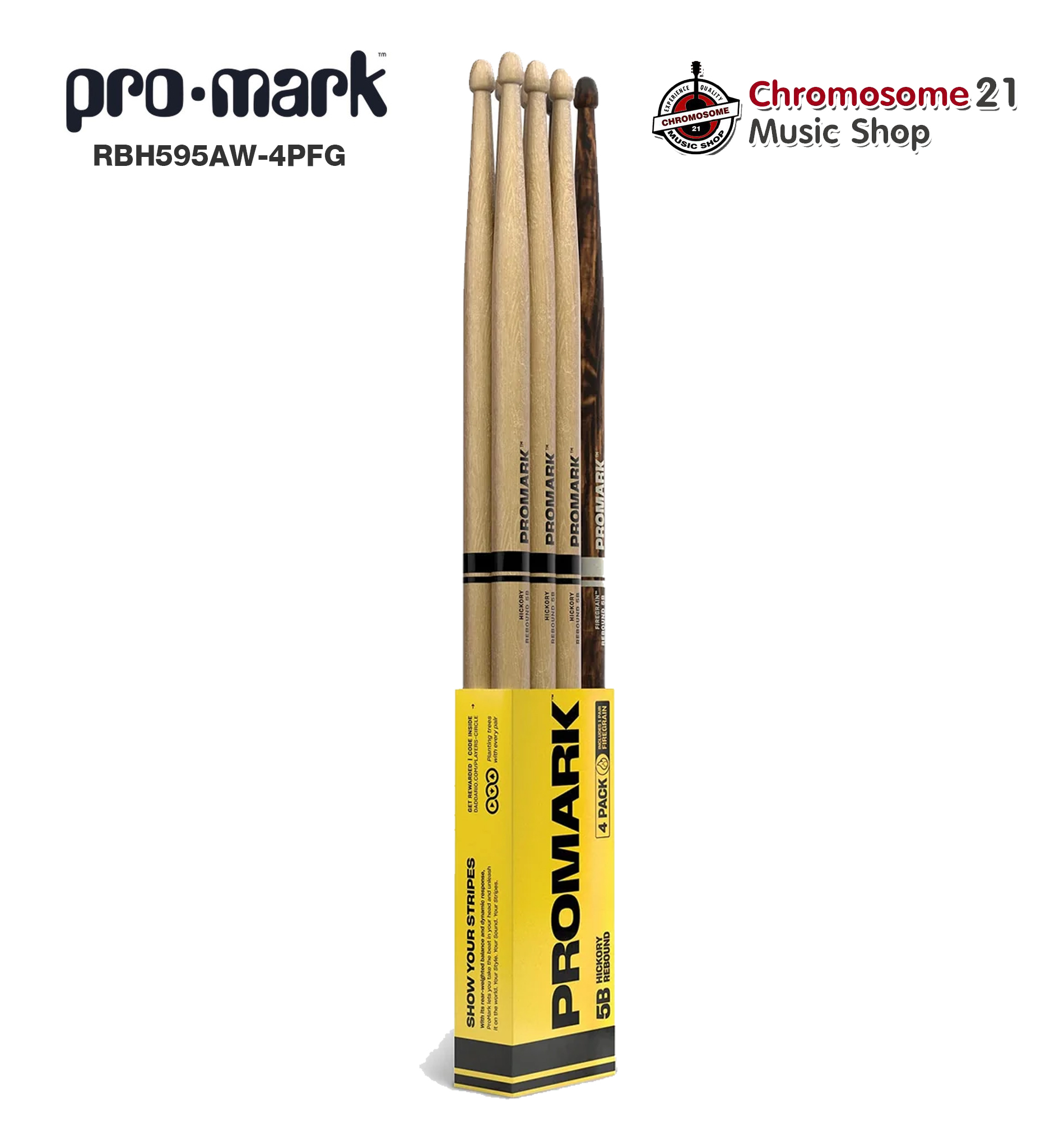 ไม้กลอง PROMARK 5B (แพ็ค 4 คู่). REBOUND 5A HICKORY & FIREGRAIN DRUMSTICK, ACORN WOOD TIP.-PM-RBH595AW-4PFG