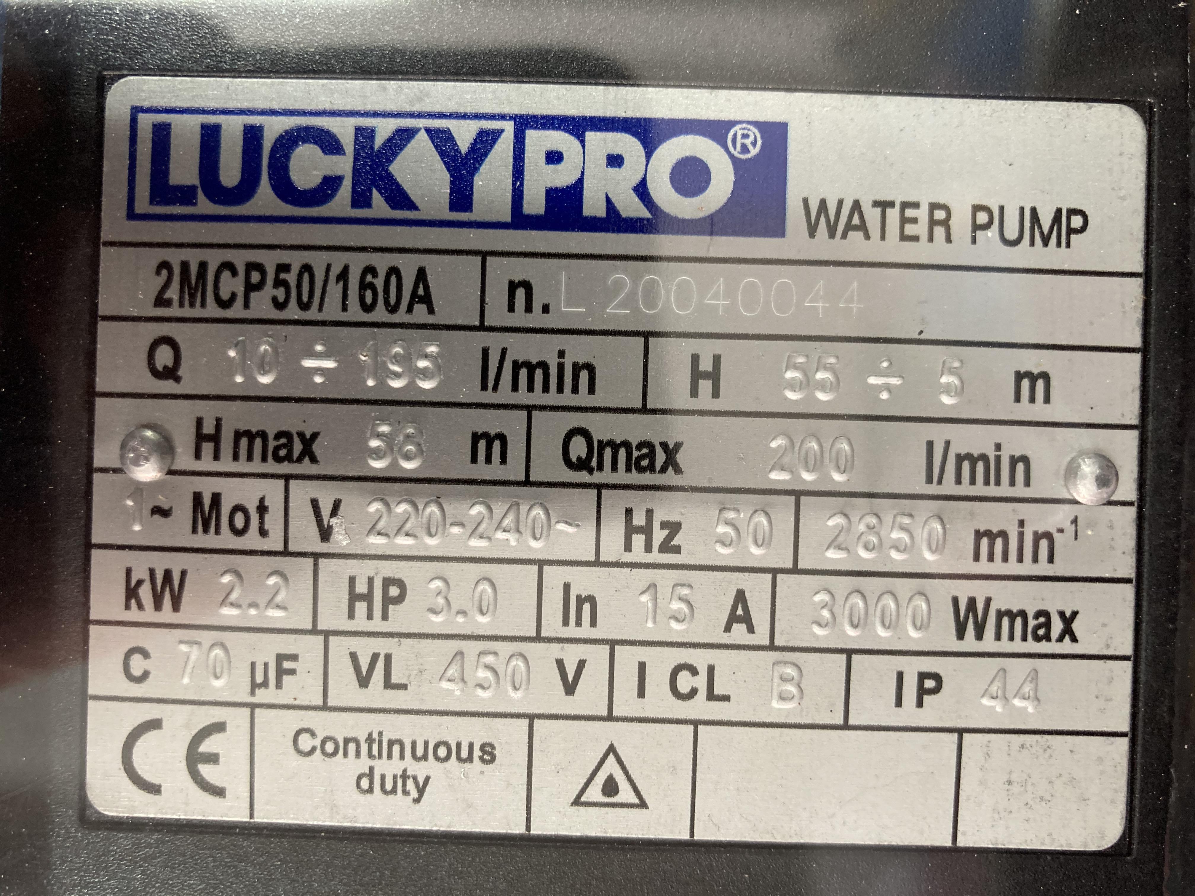 [AP-FD] ปั๊มหอยโข่งไฟฟ้า ลัคกี้โปร (LUCKY PRO) ชนิด 2ใบพัด ท่อ2x2นิ้ว กำลัง3แรงม้า รุ่น 2CMP50/160A