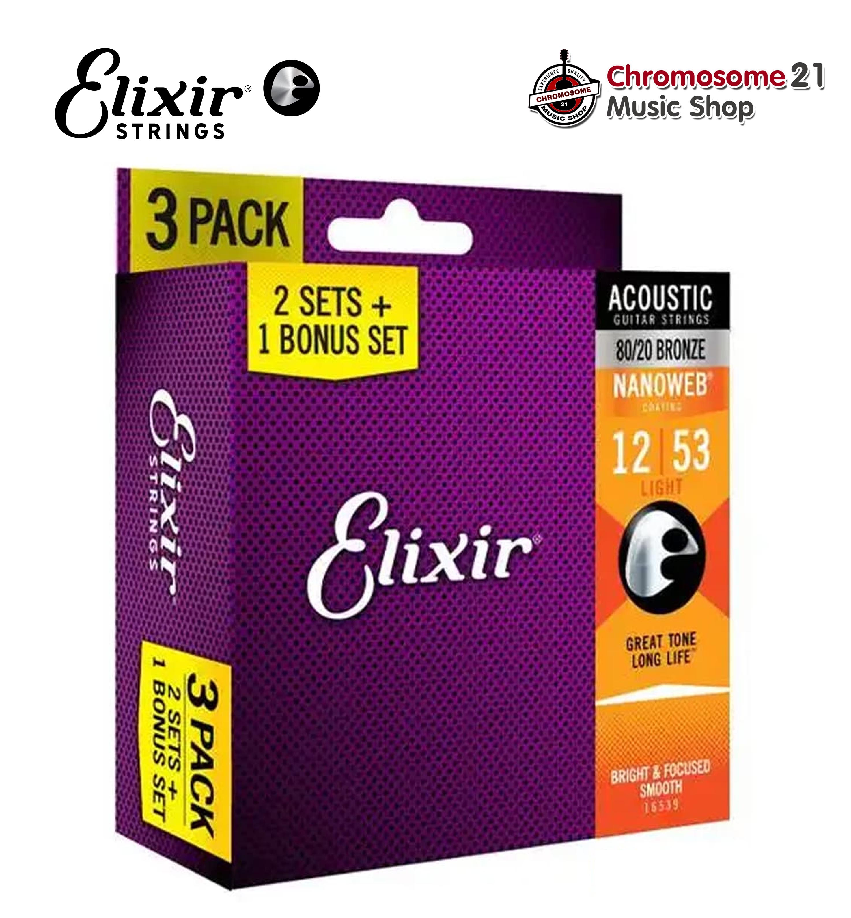 สายกีตาร์โปร่ง แพ็ค3ชุด Elixir Strings Acoustic Guitar Strings 80/20 Bronze with Nanoweb Coating, 3-Pack, Custom Light (012-053)