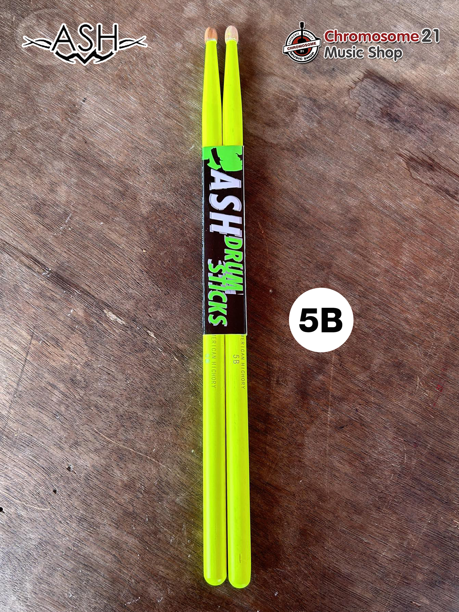 ไม้กลอง ASH ขนาด สี Neon ขนาด 5Bสีเหลืองสะท้อนแสง ผลิตจากไม้ Amarican Hickory เกรด Premium น้ำหนักมาตราฐาน ไม่หักง่าย