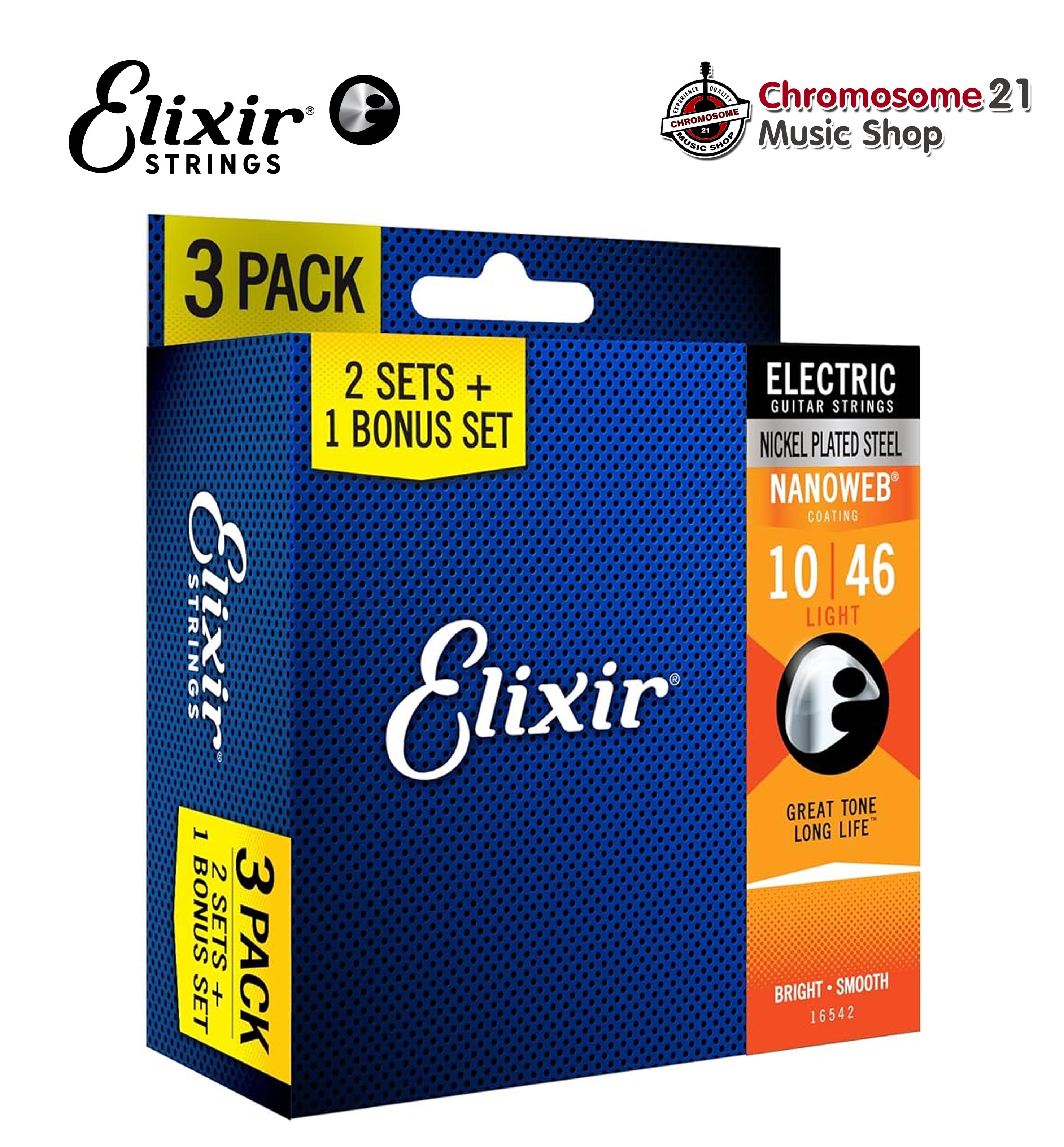 สายกีตาร์ไฟฟ้า แพ็ค3ชุด Elixir Strings Nickel Electric Guitar Strings with Nanoweb Coating, 3-Pack, Light (010-046)
