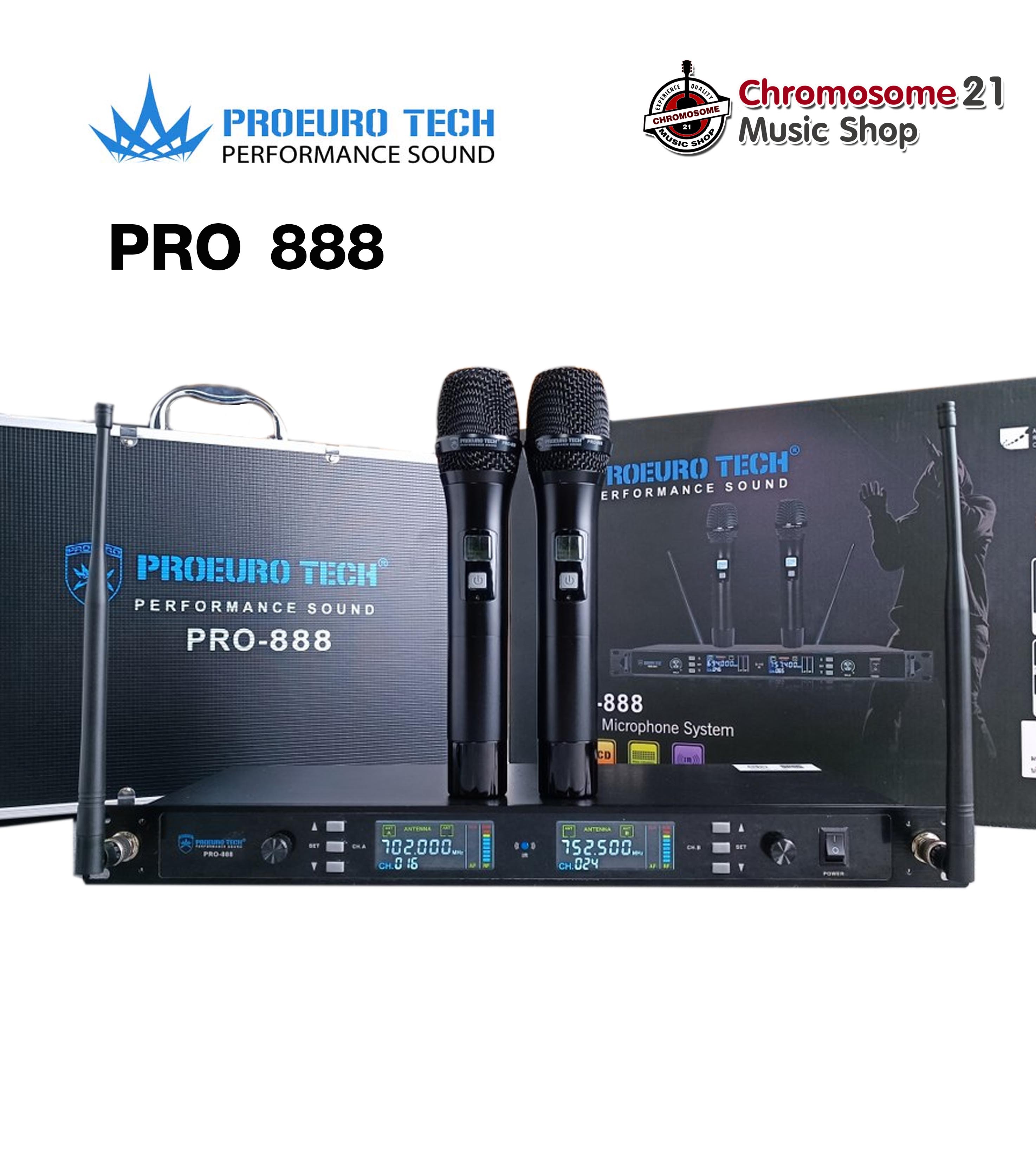 ไมค์ลอยคู่ PROEUROTECH PRO-888 แถมกระเป๋า ปรับความถี่ได้ ระบบสัญญาณ: UHF ความถี่ใหม่ กสทช